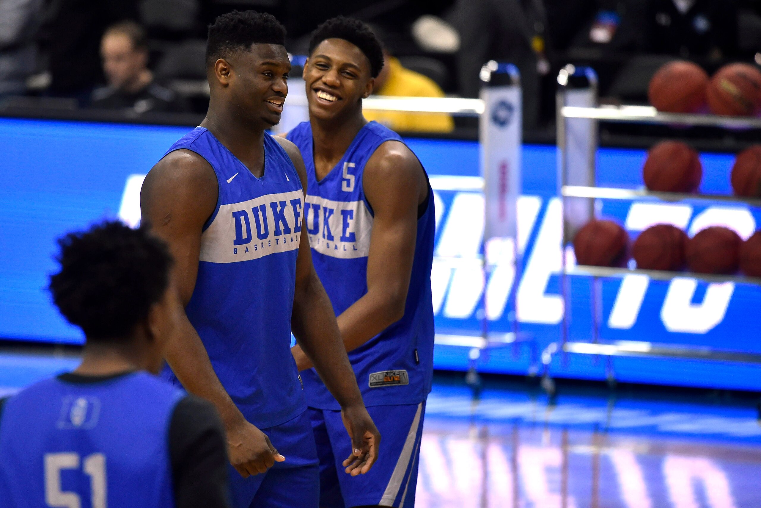 WASHINGTON, DC - MARCH 28: Zion Williamson (L) and RJ Barrett of the Duke Blue Devils share a laugh during a practice session ahead of the 2019 NCAA Men's Basketball Tournament East Regional at Capital One Arena on March 28, 2019 in Washington, DC. (Photo WASHINGTON, DC - MARCH 28: Zion Williamson (L) and RJ Barrett of the Duke Blue Devils share a laugh during a practice session ahead of the 2019 NCAA Men's Basketball Tournament East Regional at Capital One Arena on March 28, 2019 in Washington, DC. (Photo