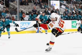 SAN JOSE, CA - SEPTEMBER 27:  Noah Hanifin #55 of the Calgary Flames in action against the San Jose Sharks during their preseason game at SAP Center on September 27, 2018 in San Jose, California.  (Photo by Ezra Shaw/Getty Images)