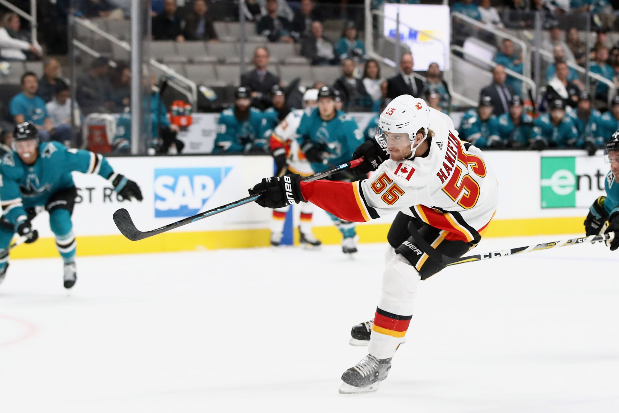 SAN JOSE, CA - SEPTEMBER 27:  Noah Hanifin #55 of the Calgary Flames in action against the San Jose Sharks during their preseason game at SAP Center on September 27, 2018 in San Jose, California.  (Photo by Ezra Shaw/Getty Images)