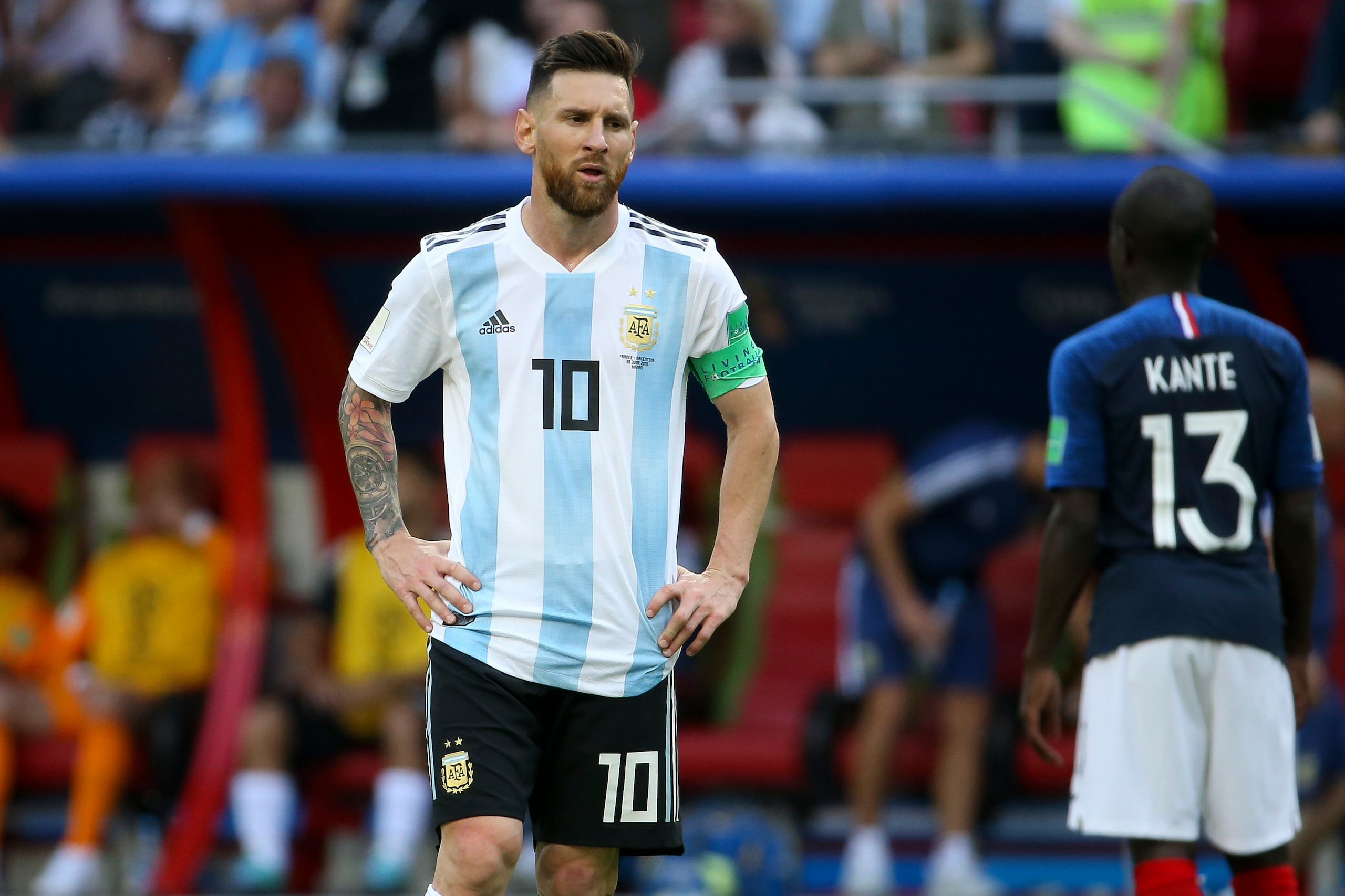 KAZAN, RUSSIA - JUNE 30: Lionel Messi of Argentina following the 2018 FIFA World Cup Russia Round of 16 match between France and Argentina at Kazan Arena on June 30, 2018 in Kazan, Russia. (Photo by Jean Catuffe/Getty Images)