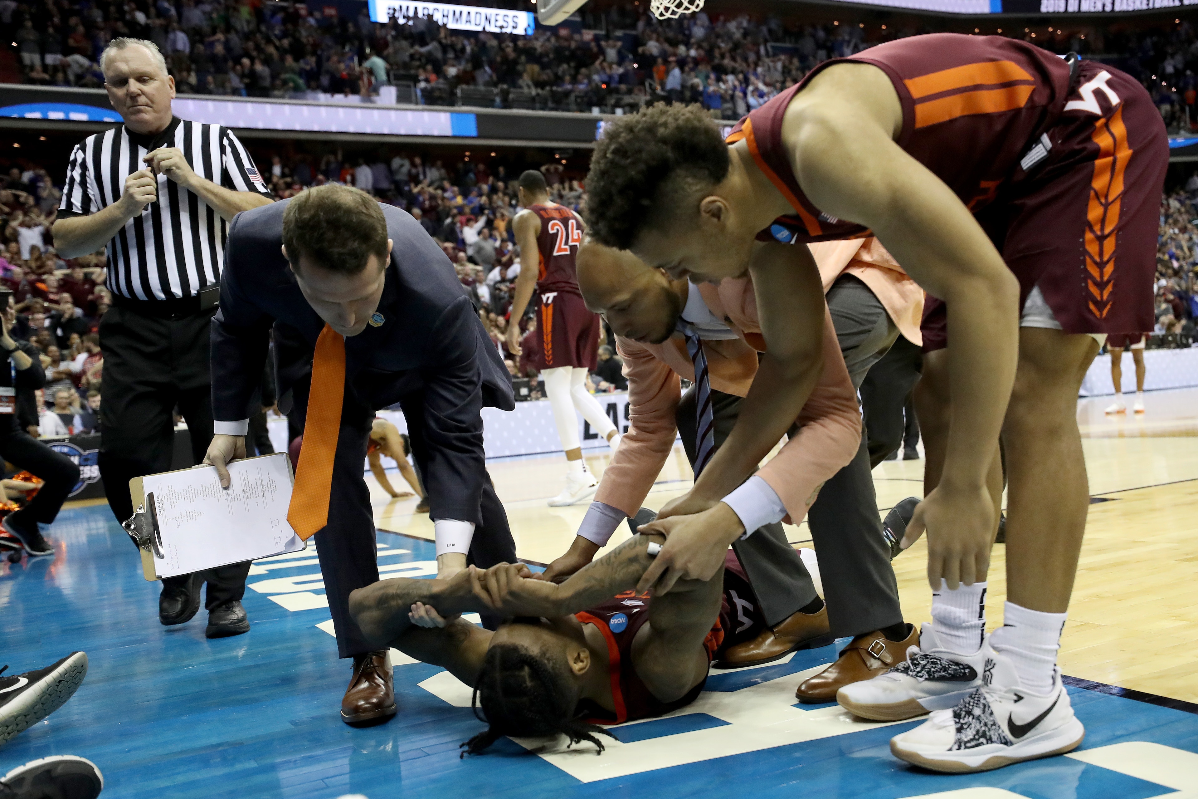 WASHINGTON, DC - MARCH 29: Ahmed Hill #13 of the Virginia Tech Hokies reacts after missing a layup against the Duke Blue Devils late in the second half in the East Regional game of the 2019 NCAA Men's Basketball Tournament at Capital One Arena on March 29