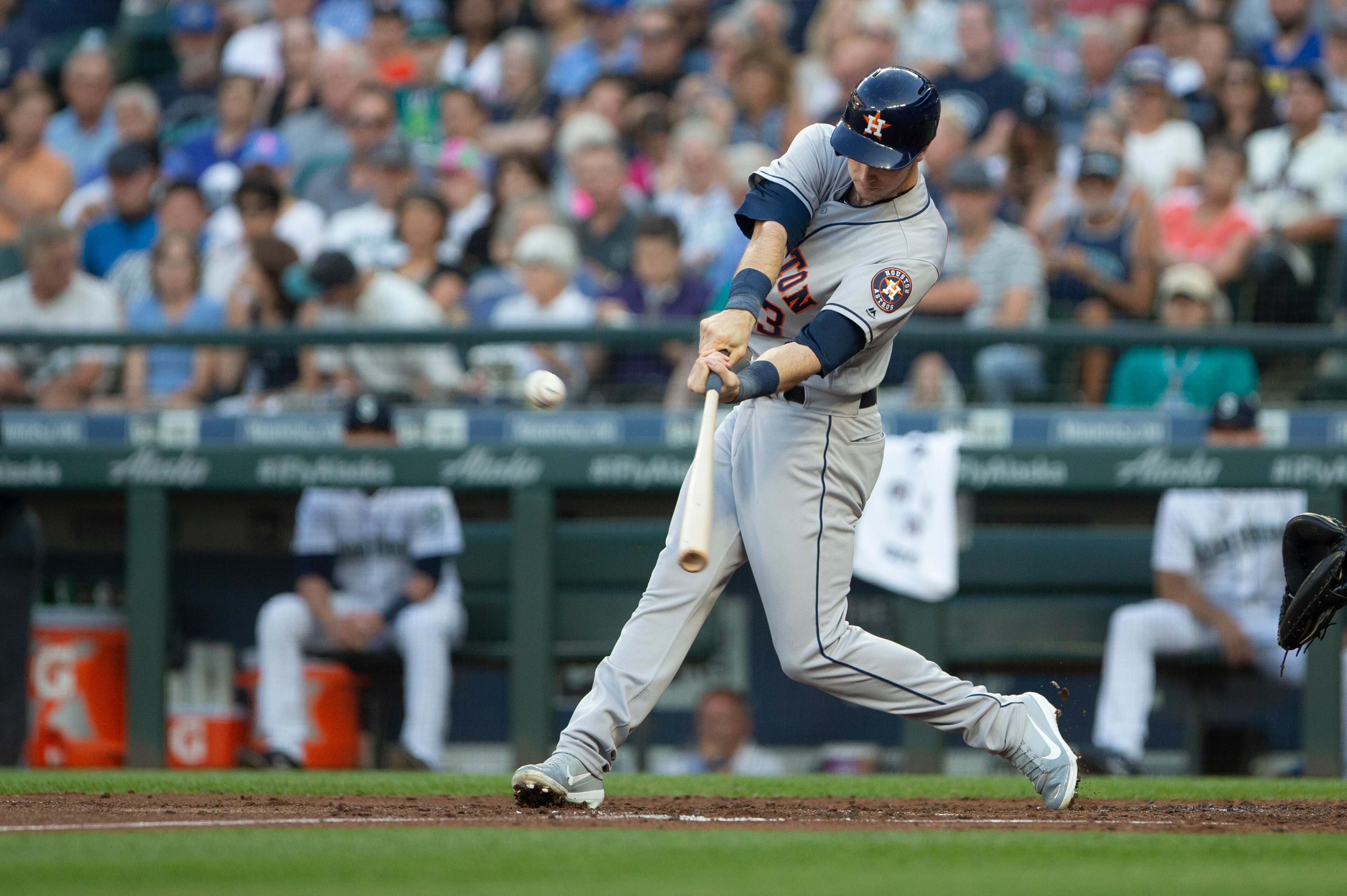 SEATTLE, WA - JULY 31:  Kyle Tucker #3 of the Houston Astros connects with the ball for a line out to left field against the Seattle Mariners in the at Safeco Field on July 31, 2018 in Seattle, Washington. (Photo by Lindsey Wasson/Getty Images)