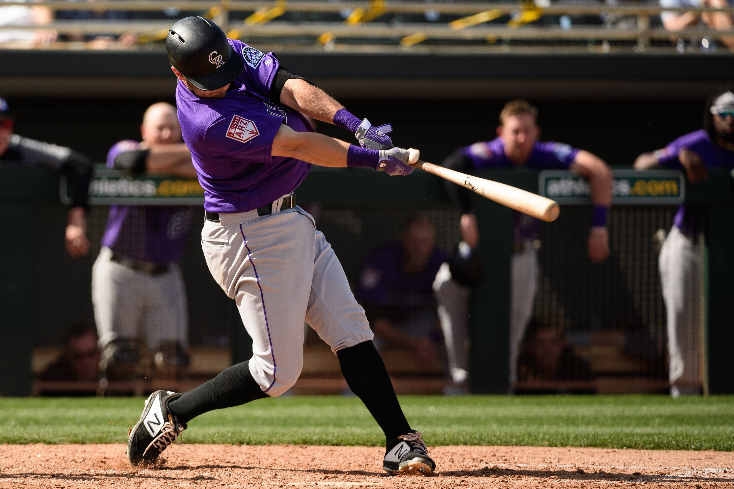 MESA, ARIZONA - MARCH 01: Garrett Hampson #1 of the Colorado Rockies hits a two run home run during the spring training game against the Oakland Athletics at HoHoKam Stadium on March 01, 2019 in Mesa, Arizona. (Photo by Jennifer Stewart/Getty Images)