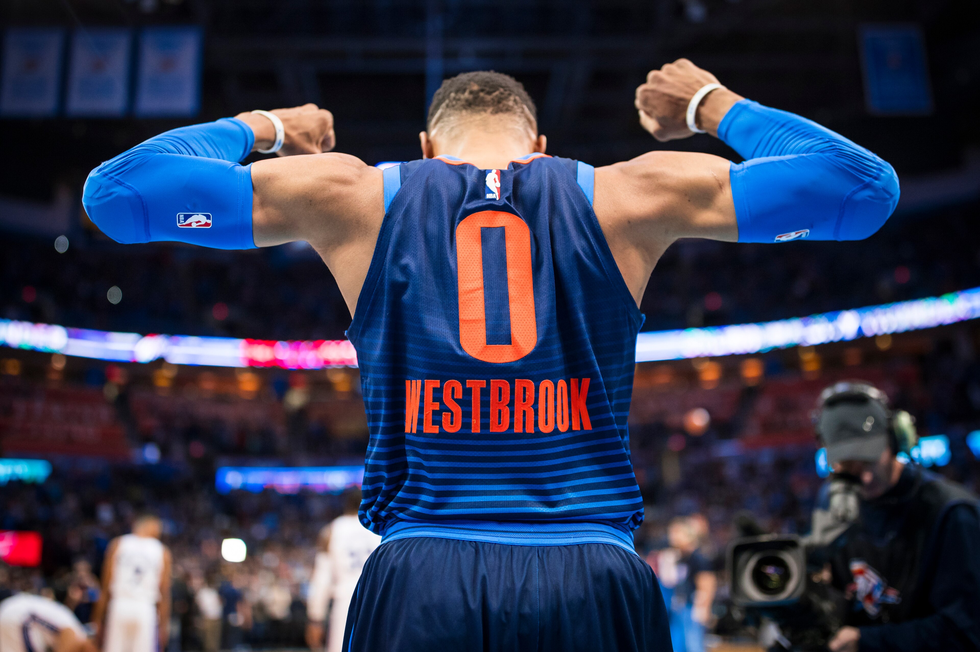 OKLAHOMA CITY, OK - JANUARY 28:  Russell Westbrook #0 of the Oklahoma City Thunder shouts in excitement before the game against the Philadelphia 76ers on January 28, 2018 at Chesapeake Energy Arena in Oklahoma City, Oklahoma. NOTE TO USER: User expressly 