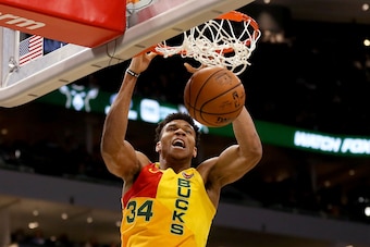 MILWAUKEE, WISCONSIN - MARCH 24:  Giannis Antetokounmpo #34 of the Milwaukee Bucks dunks the ball in the fourth quarter against the Cleveland Cavaliers at the Fiserv Forum on March 24, 2019 in Milwaukee, Wisconsin. NOTE TO USER: User expressly acknowledge