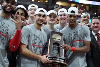 ANAHEIM, CALIFORNIA - MARCH 30: The Texas Tech Red Raiders celebrate with the 2019 NCAA Men's Basketball Tournament West Regional trophy after defeating the Gonzaga Bulldogs at Honda Center on March 30, 2019 in Anaheim, California. (Photo by Harry How/Get