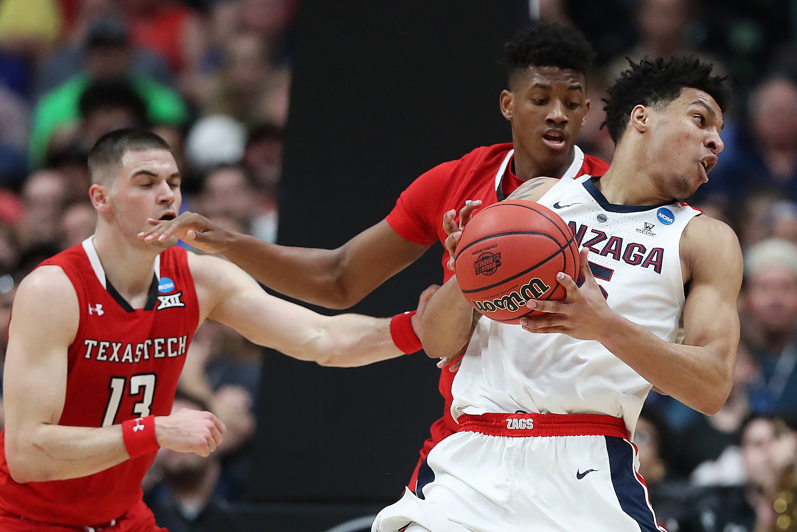 ANAHEIM, CALIFORNIA - MARCH 30: Brandon Clarke #15 of the Gonzaga Bulldogs posts up against Jarrett Culver #23 of the Texas Tech Red Raiders during the first half of the 2019 NCAA Men's Basketball Tournament West Regional at Honda Center on March 30, 2019 ANAHEIM, CALIFORNIA - MARCH 30: Brandon Clarke #15 of the Gonzaga Bulldogs posts up against Jarrett Culver #23 of the Texas Tech Red Raiders during the first half of the 2019 NCAA Men's Basketball Tournament West Regional at Honda Center on March 30, 2019
