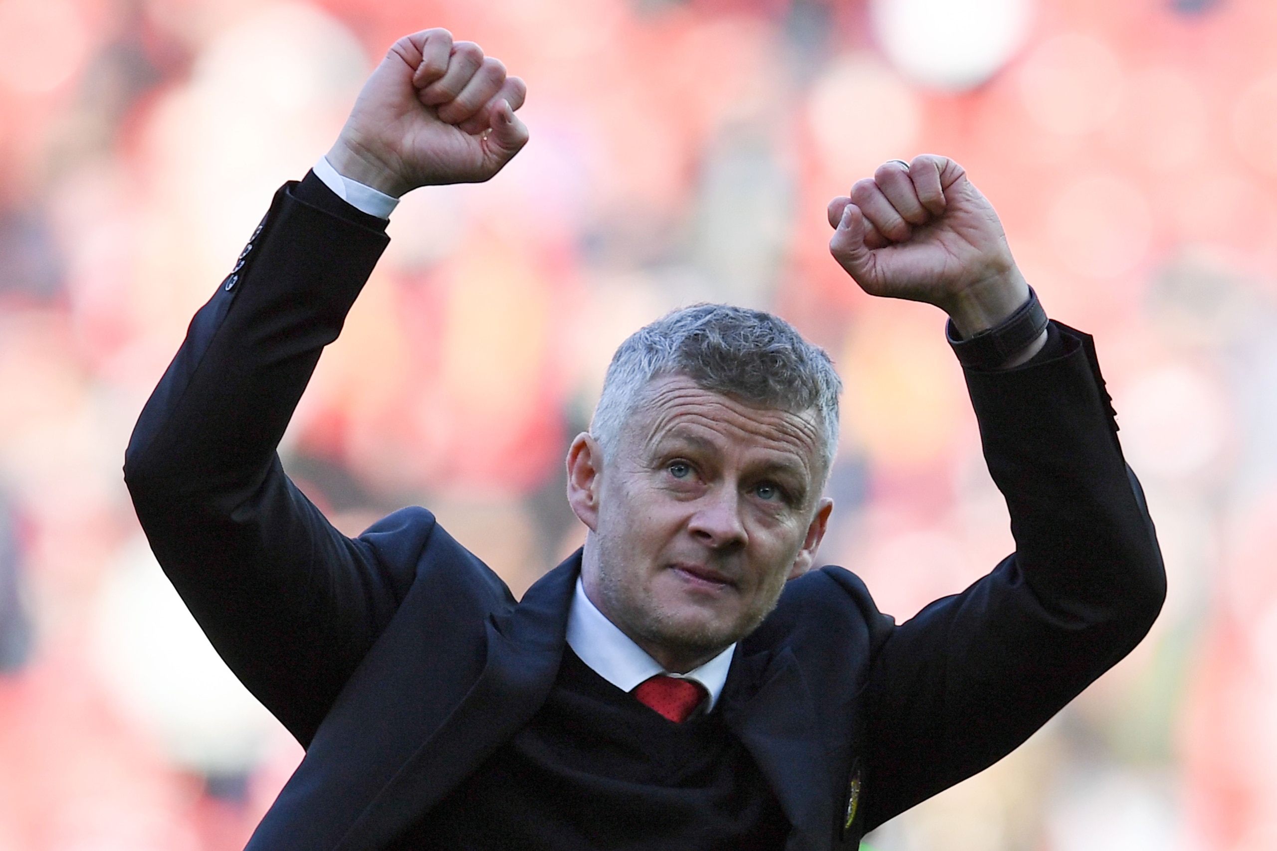 Manchester United's Norwegian manager Ole Gunnar Solskjaer applauds the fans after the final whistle of the English Premier League football match between Manchester United and Watford at Old Trafford in Manchester, north west England, on March 30, 2019. (