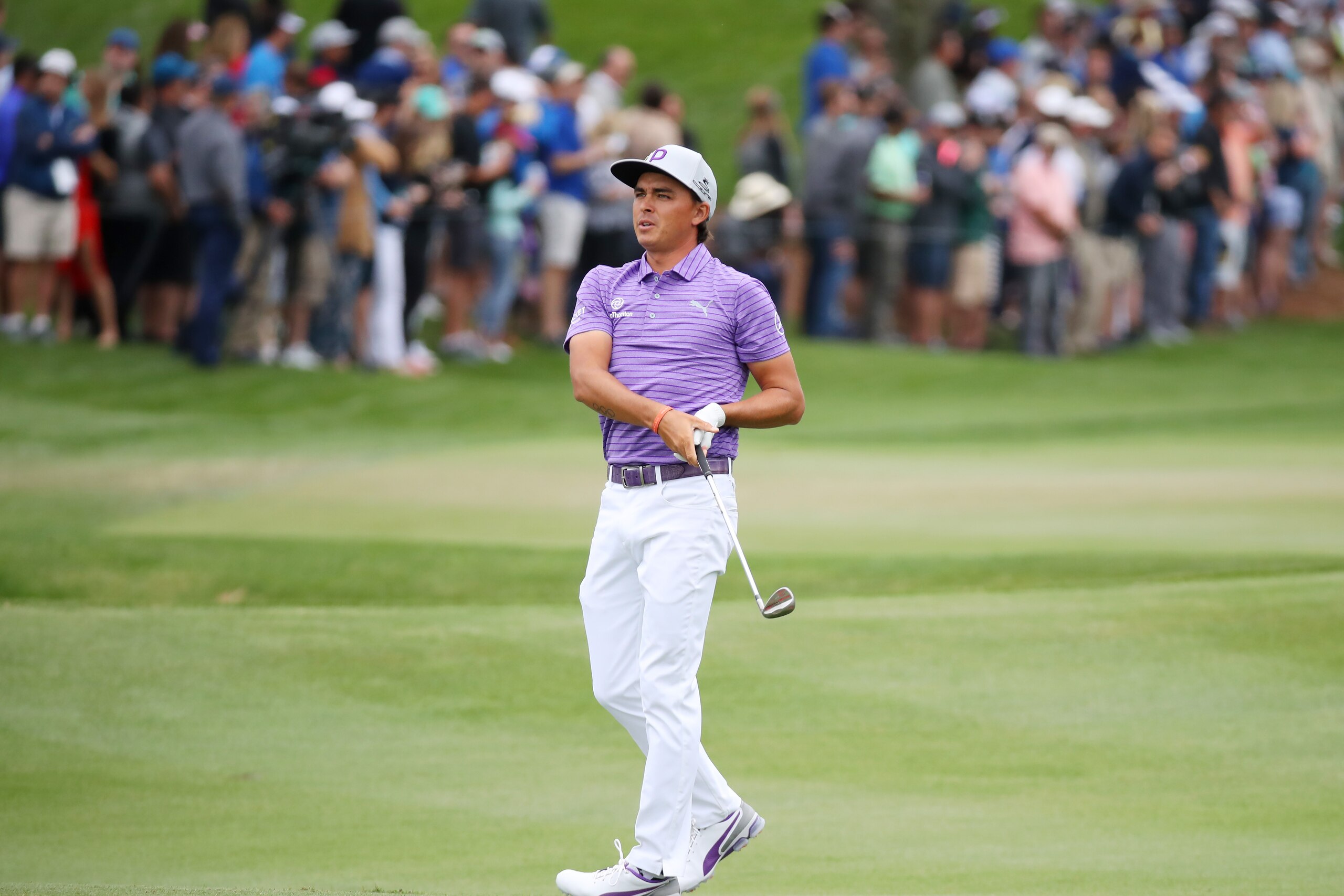 PONTE VEDRA BEACH, FLORIDA - MARCH 16:   Rickie Fowler of the United States plays a shot during the third round of The PLAYERS Championship on The Stadium Course at TPC Sawgrass on March 16, 2019 in Ponte Vedra Beach, Florida. (Photo by Gregory Shamus/Get