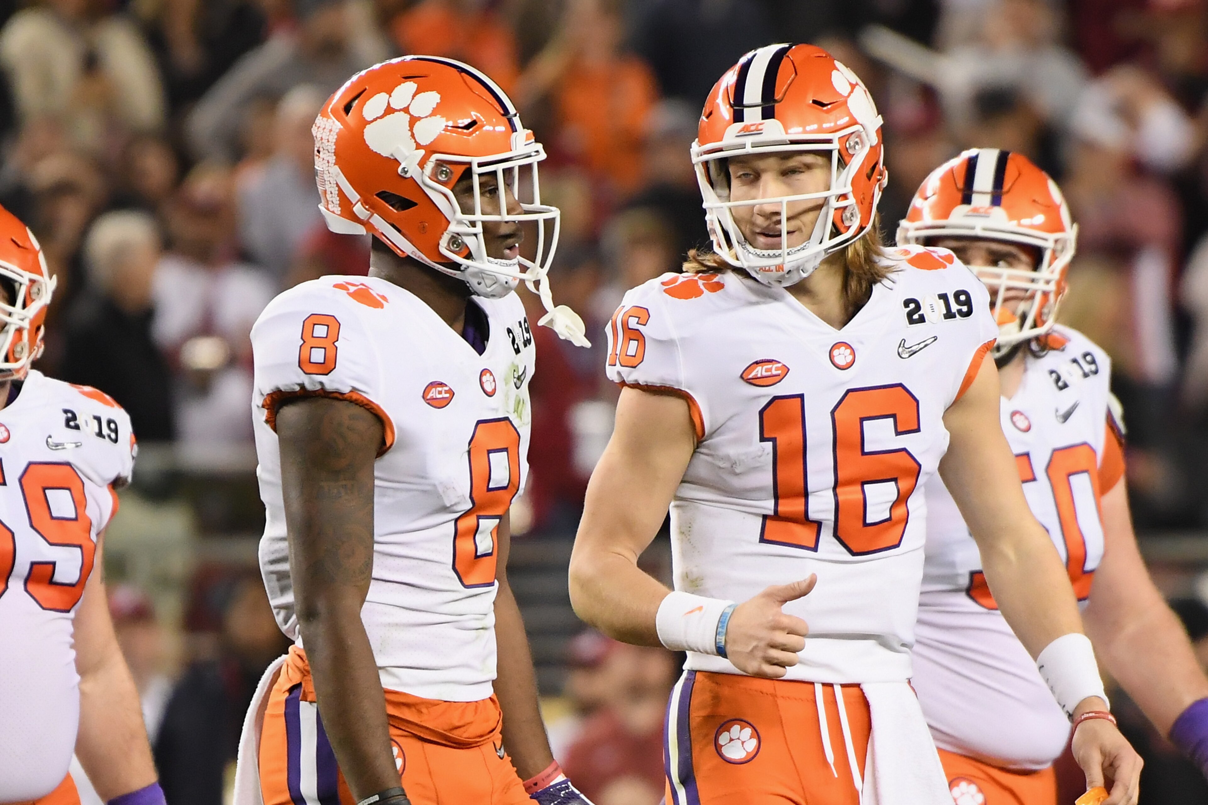 SANTA CLARA, CA - JANUARY 07: Justyn Ross #8 and Trevor Lawrence #16 of the Clemson Tigers react against the Alabama Crimson Tide in the CFP National Championship presented by AT&T at Levi's Stadium on January 7, 2019 in Santa Clara, California. (Photo SANTA CLARA, CA - JANUARY 07: Justyn Ross #8 and Trevor Lawrence #16 of the Clemson Tigers react against the Alabama Crimson Tide in the CFP National Championship presented by AT&T at Levi's Stadium on January 7, 2019 in Santa Clara, California. (Photo