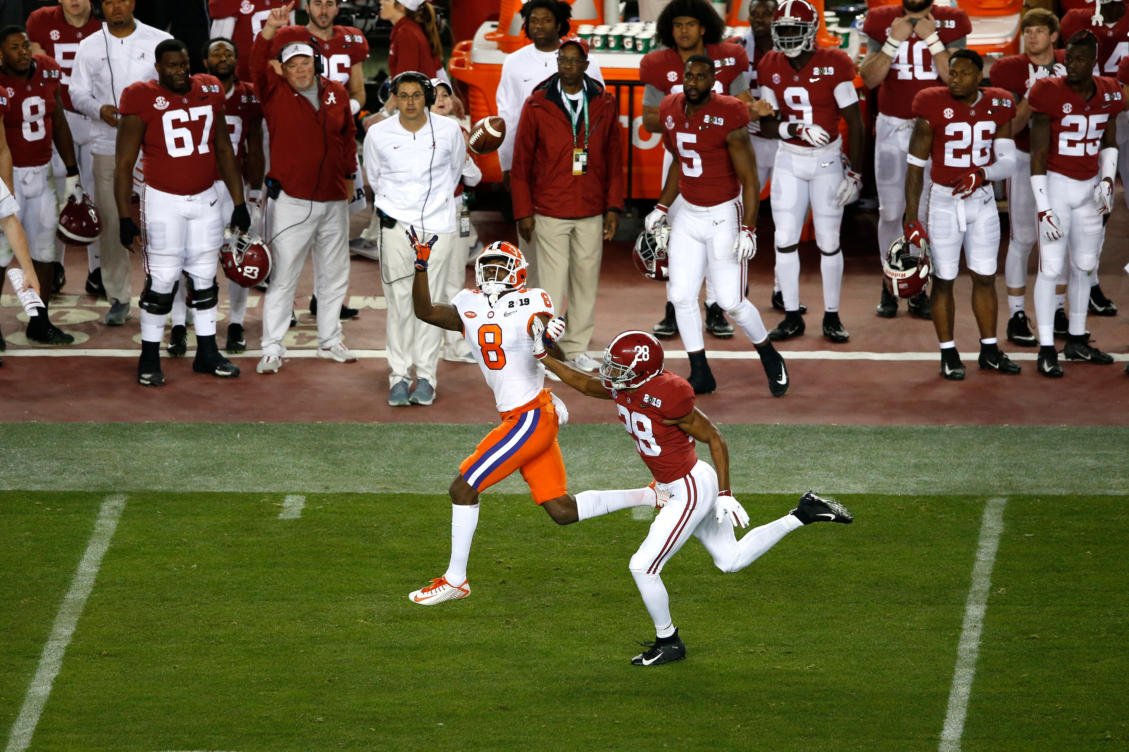 SANTA CLARA, CALIFORNIA - JANUARY 07: Justyn Ross #8 of the Clemson Tigers catches a pass against Josh Jobe #28 of the Alabama Crimson Tide during the third quarter in the College Football Playoff National Championship at Levi's Stadium on January 07, 201 SANTA CLARA, CALIFORNIA - JANUARY 07: Justyn Ross #8 of the Clemson Tigers catches a pass against Josh Jobe #28 of the Alabama Crimson Tide during the third quarter in the College Football Playoff National Championship at Levi's Stadium on January 07, 201