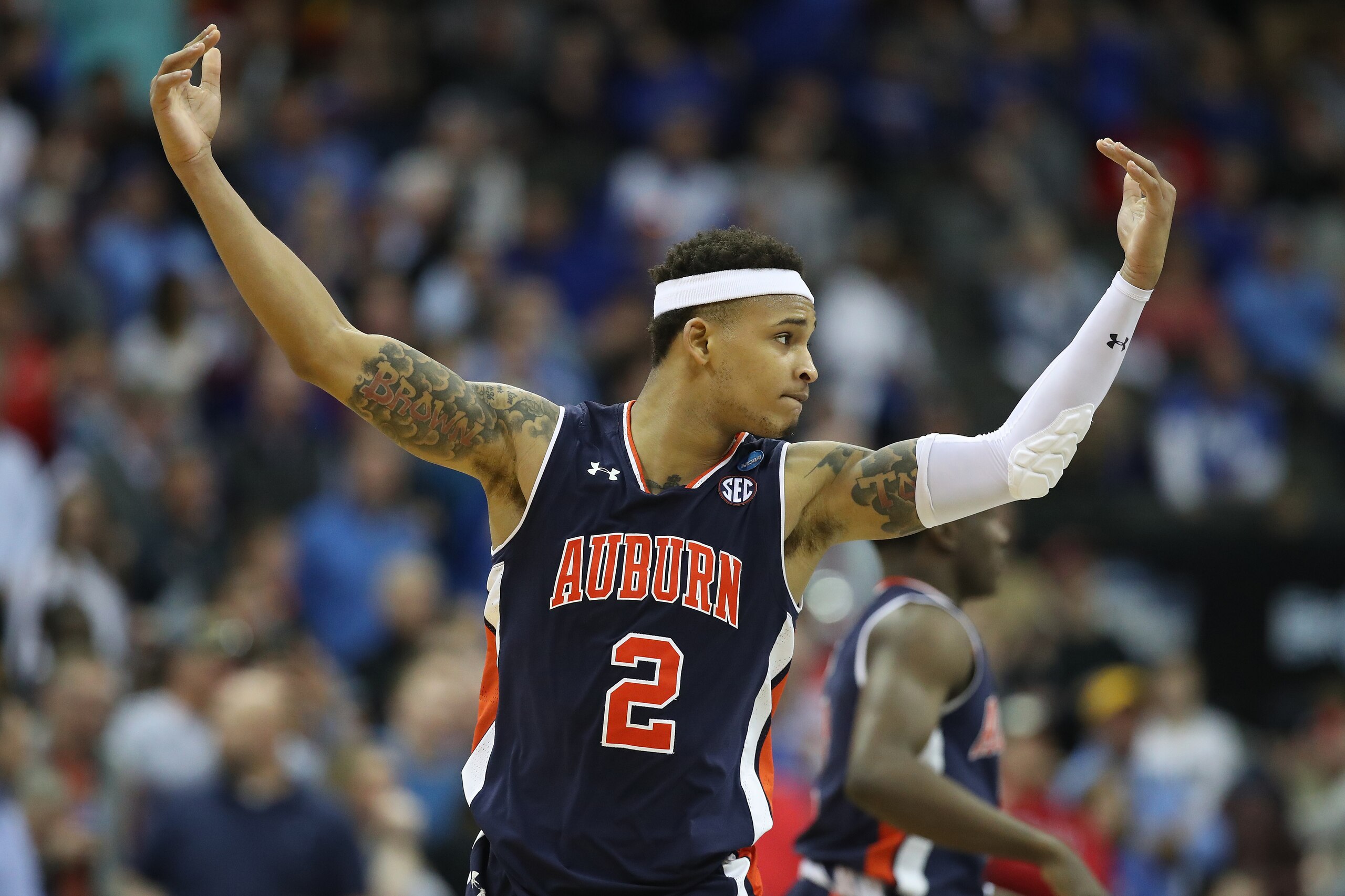 KANSAS CITY, MISSOURI - MARCH 31: Bryce Brown #2 of the Auburn Tigers reacts to a play against the Kentucky Wildcats during the 2019 NCAA Basketball Tournament Midwest Regional at Sprint Center on March 31, 2019 in Kansas City, Missouri. (Photo by Christi