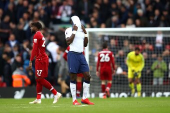 LIVERPOOL, ENGLAND - MARCH 31:  Moussa Sissoko of Tottenham Hotspur reacts during the Premier League match between Liverpool FC and Tottenham Hotspur at Anfield on March 31, 2019 in Liverpool, United Kingdom. (Photo by Clive Brunskill/Getty Images)