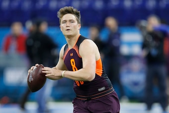 INDIANAPOLIS, IN - MARCH 02: Quarterback Drew Lock of Missouri in action during day three of the NFL Combine at Lucas Oil Stadium on March 2, 2019 in Indianapolis, Indiana. (Photo by Joe Robbins/Getty Images)
