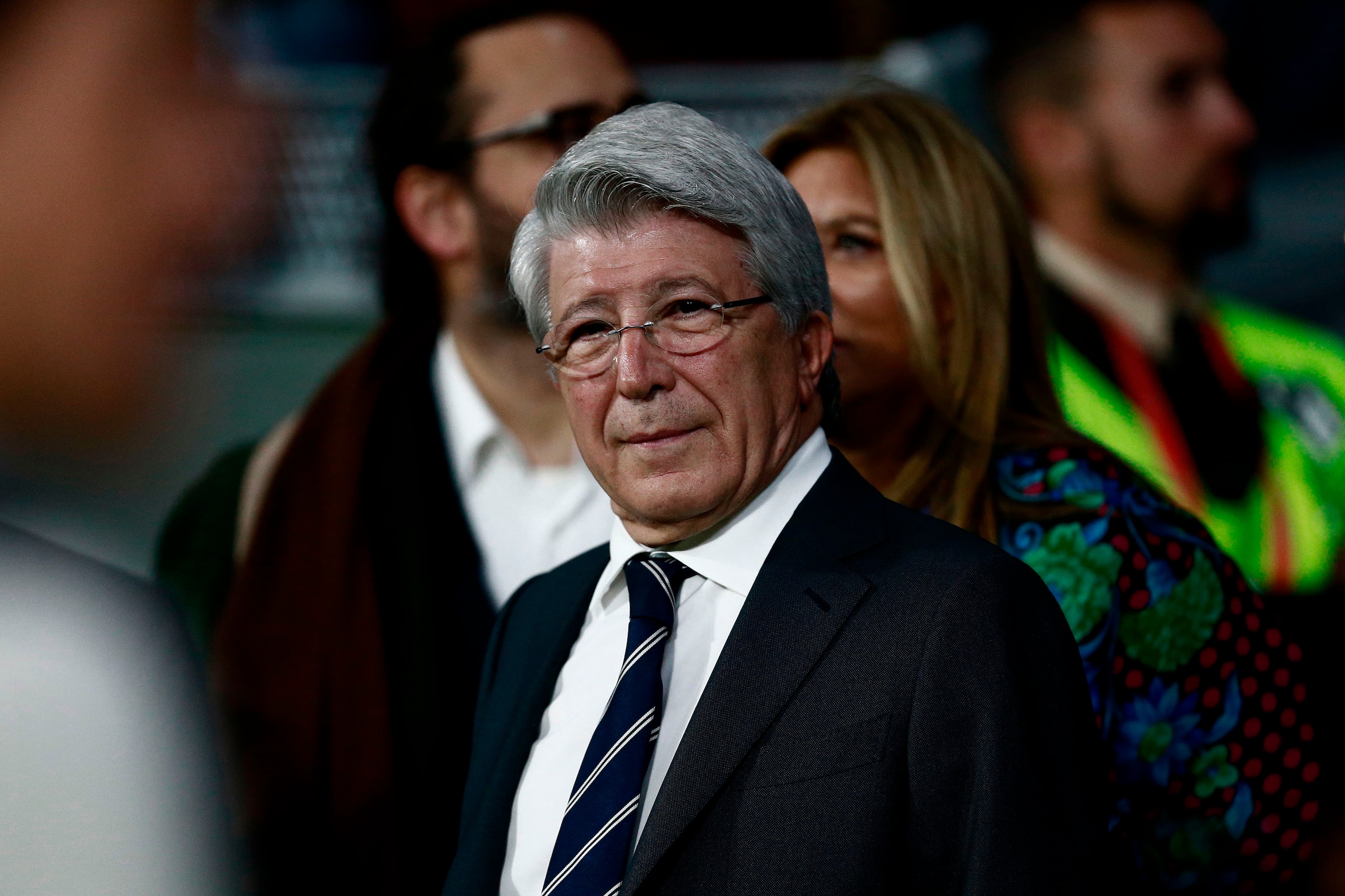 Atletico Madrid president Enrique Cerezo attends an international friendly football match between Argentina and Venezuela at the Wanda Metropolitano stadium in Madrid on March 22, 2019 in preparation for the Copa America to be held in Brazil in June and J