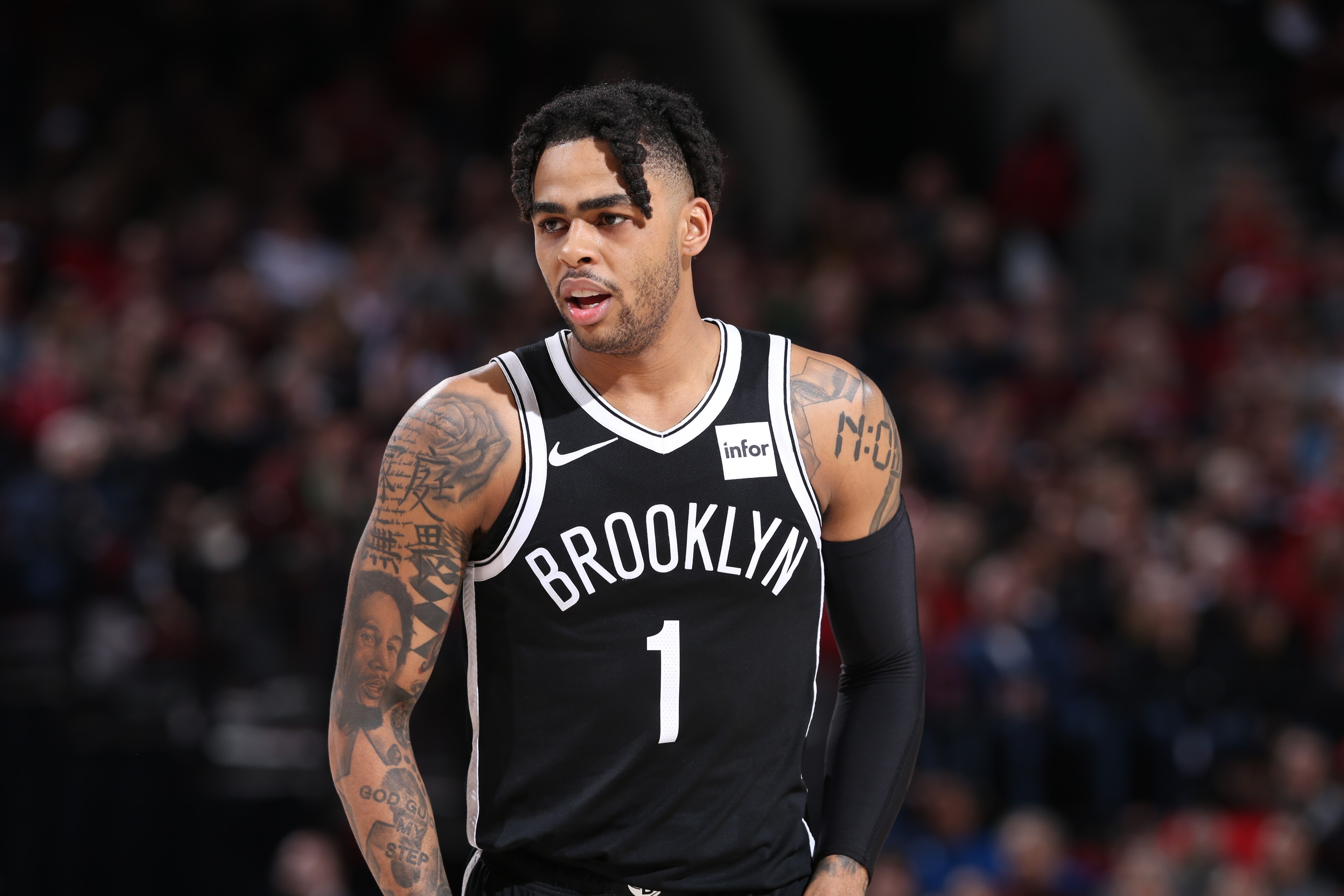 PORTLAND, OR - MARCH 25: D'Angelo Russell #1 of the Brooklyn Nets looks on against the Portland Trail Blazers on March 25, 2019 at the Moda Center Arena in Portland, Oregon. NOTE TO USER: User expressly acknowledges and agrees that, by downloading and or PORTLAND, OR - MARCH 25: D'Angelo Russell #1 of the Brooklyn Nets looks on against the Portland Trail Blazers on March 25, 2019 at the Moda Center Arena in Portland, Oregon. NOTE TO USER: User expressly acknowledges and agrees that, by downloading and or