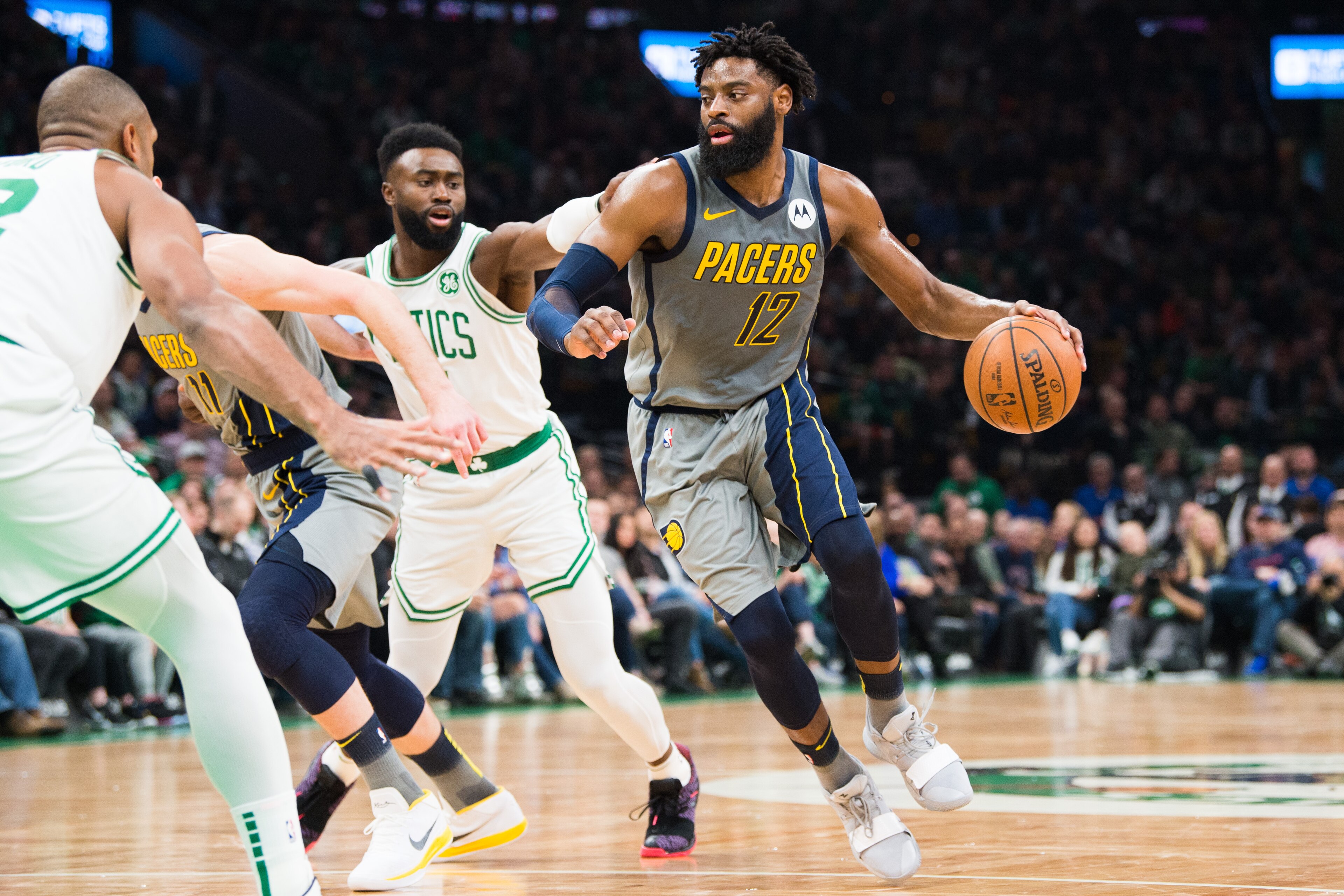 BOSTON, MA - MARCH 29: Tyreke Evans #12 of the Indiana Pacers dribbles past Jaylen Brown #7 of the Boston Celtics at TD Garden on March 29, 2019 in Boston, Massachusetts. NOTE TO USER: User expressly acknowledges and agrees that, by downloading and or usi BOSTON, MA - MARCH 29: Tyreke Evans #12 of the Indiana Pacers dribbles past Jaylen Brown #7 of the Boston Celtics at TD Garden on March 29, 2019 in Boston, Massachusetts. NOTE TO USER: User expressly acknowledges and agrees that, by downloading and or usi