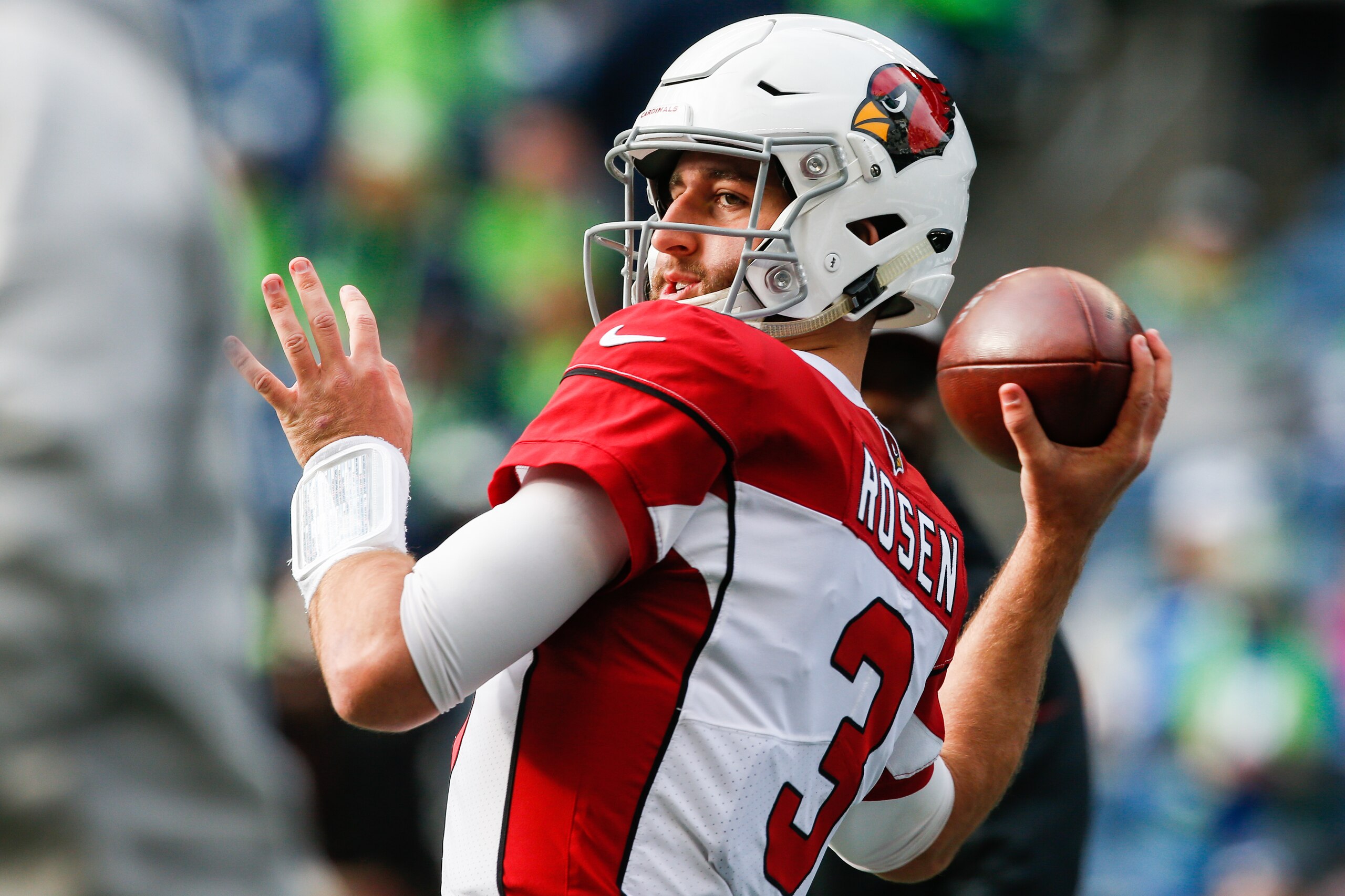 SEATTLE, WA - DECEMBER 30: Josh Rosen #3 of the Arizona Cardinals warms-up before the game against the Seattle Seahawks at CenturyLink Field on December 30, 2018 in Seattle, Washington. (Photo by Otto Greule Jr/Getty Images)
