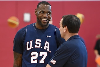 LAS VEGAS, NV - AUGUST 12:  LeBron James #27 of the 2015 USA Basketball Men's National Team talks to head coach coach Mike Krzyzewski during a practice session at the Mendenhall Center on August 12, 2015 in Las Vegas, Nevada.  (Photo by Ethan Miller/Getty
