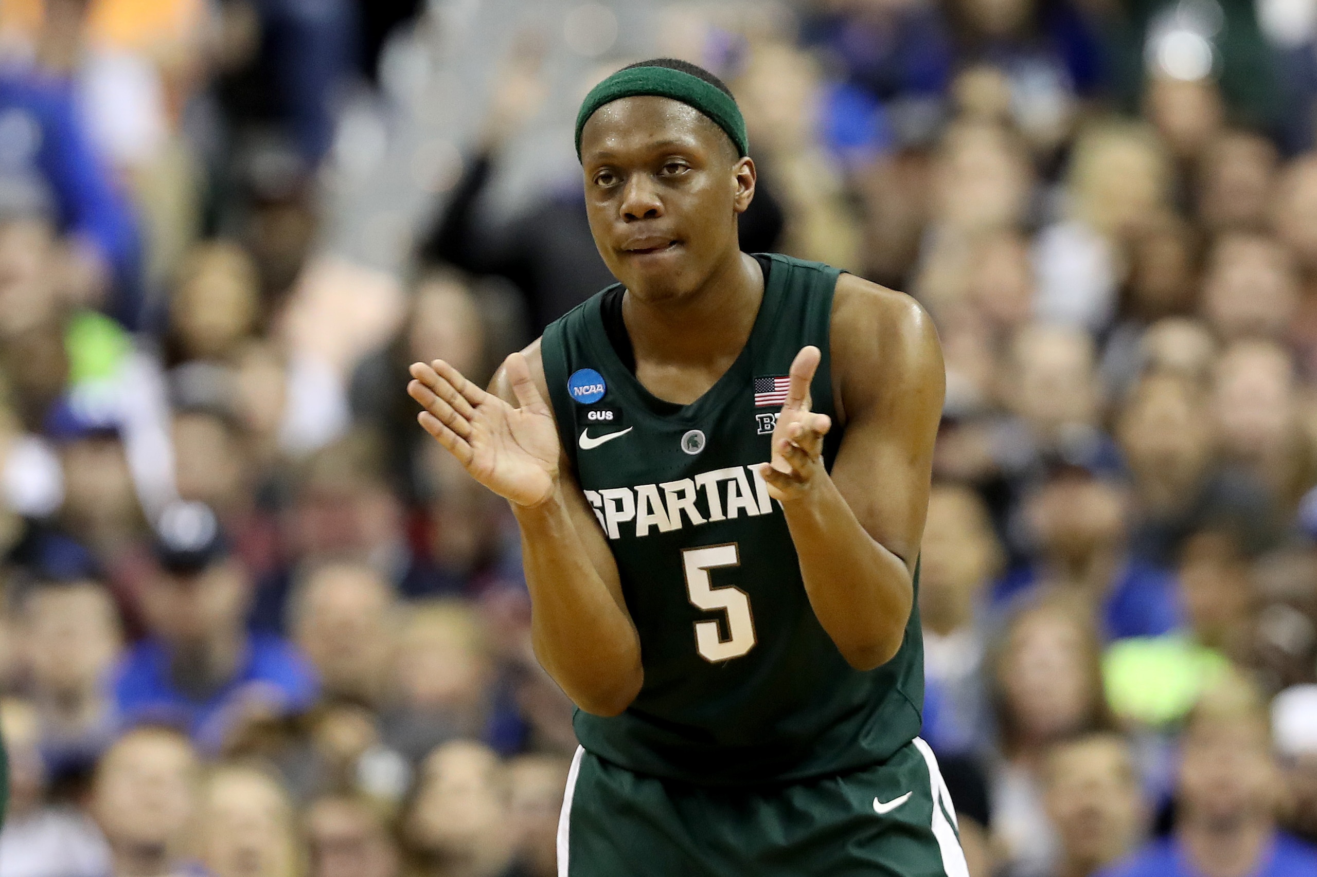 WASHINGTON, DC - MARCH 31: Cassius Winston #5 of the Michigan State Spartans celebrates a basket against the Duke Blue Devils during the second half in the East Regional game of the 2019 NCAA Men's Basketball Tournament at Capital One Arena on March 31, 2