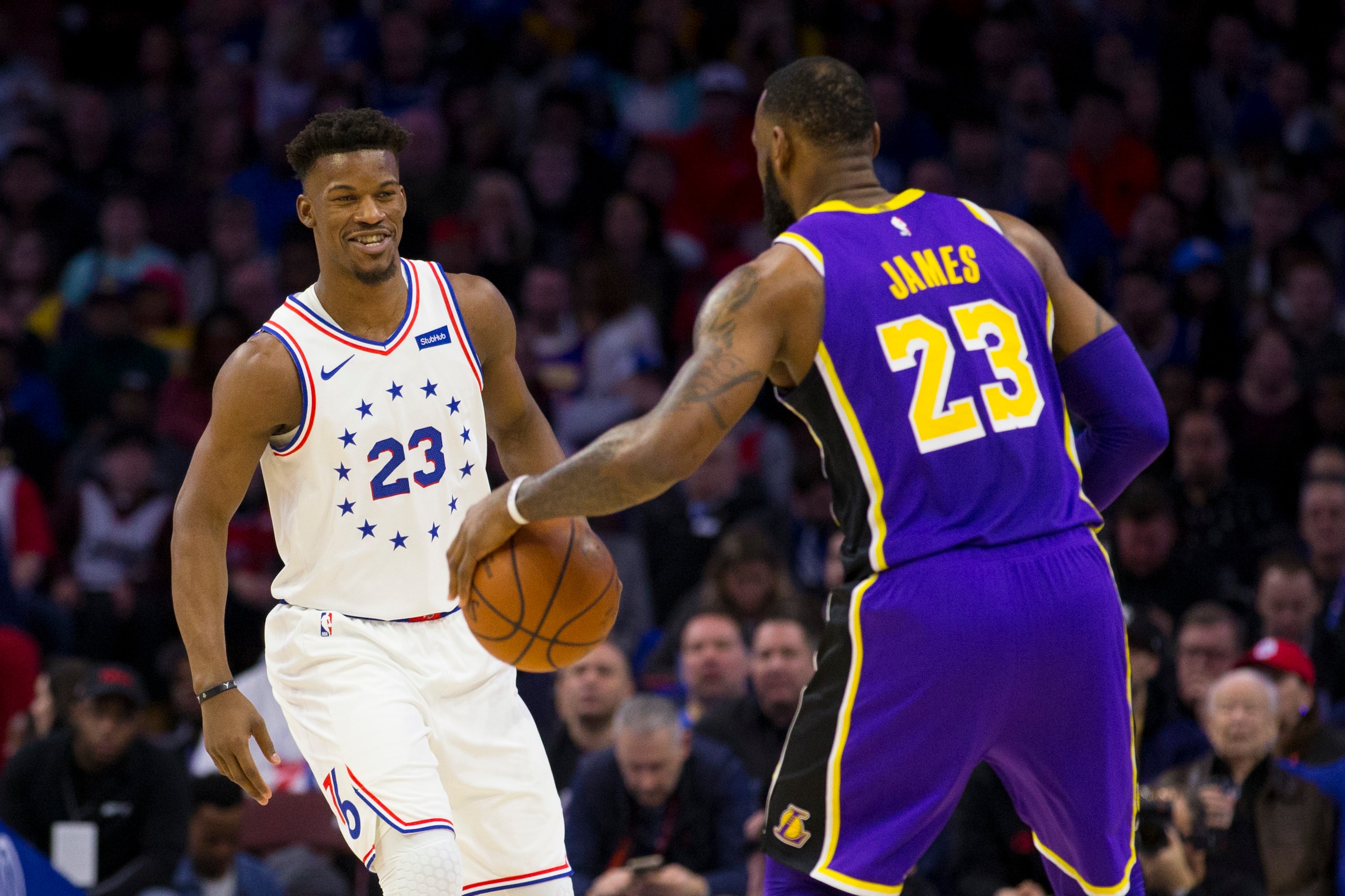 PHILADELPHIA, PA - FEBRUARY 10: Jimmy Butler #23 of the Philadelphia 76ers guards LeBron James #23 of the Los Angeles Lakers in the first quarter at the Wells Fargo Center on February 10, 2019 in Philadelphia, Pennsylvania. NOTE TO USER: User expressly ac PHILADELPHIA, PA - FEBRUARY 10: Jimmy Butler #23 of the Philadelphia 76ers guards LeBron James #23 of the Los Angeles Lakers in the first quarter at the Wells Fargo Center on February 10, 2019 in Philadelphia, Pennsylvania. NOTE TO USER: User expressly ac
