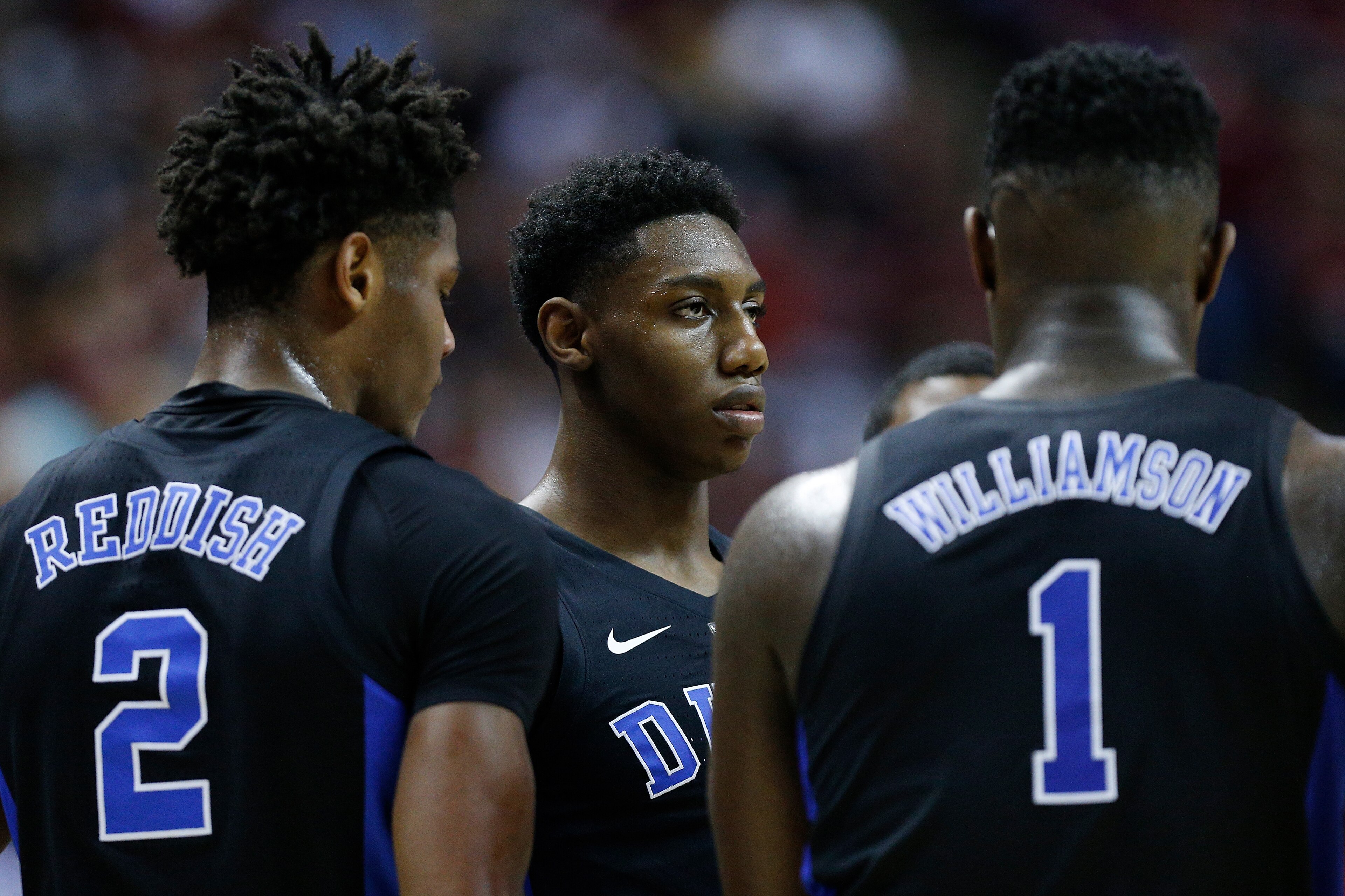 TALLAHASSEE, FL - JANUARY 12:  Cam Reddish #2, RJ Barrett #5 and Zion Williamson #1 of the Duke Blue Devils huddle against the Florida State Seminoles at Donald L. Tucker Center on January 12, 2019 in Tallahassee, Florida.  (Photo by Michael Reaves/Getty 