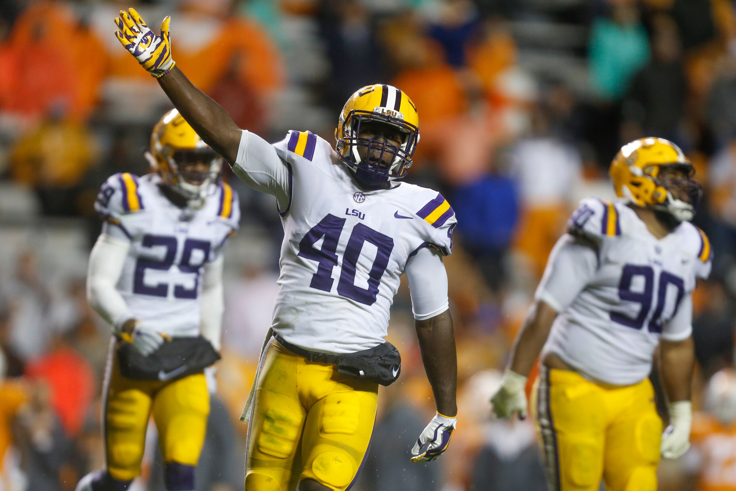 KNOXVILLE, TN - NOVEMBER 18:  Devin White #40 of the LSU Tigers celebrates against the Tennessee Volunteers at Neyland Stadium on November 18, 2017 in Knoxville, Tennessee.  (Photo by Michael Reaves/Getty Images)