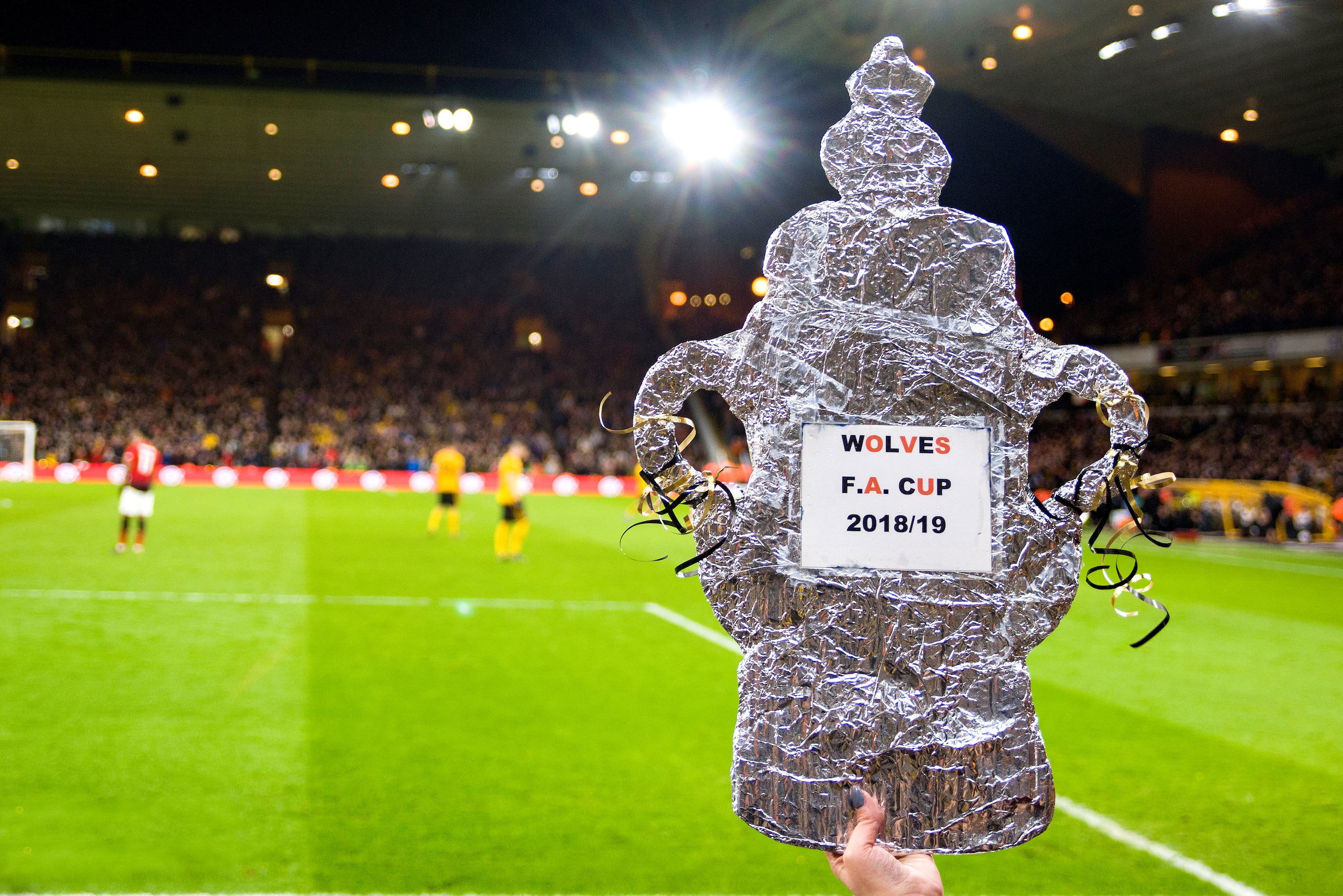 WOLVERHAMPTON, ENGLAND - MARCH 16: A replica FA Cup trophy is seen during the FA Cup Quarter Final match between Wolverhampton Wanderers and Manchester United at Molineux on March 16, 2019 in Wolverhampton, England. (Photo by Wolverhampton Wanderers FC/Ge