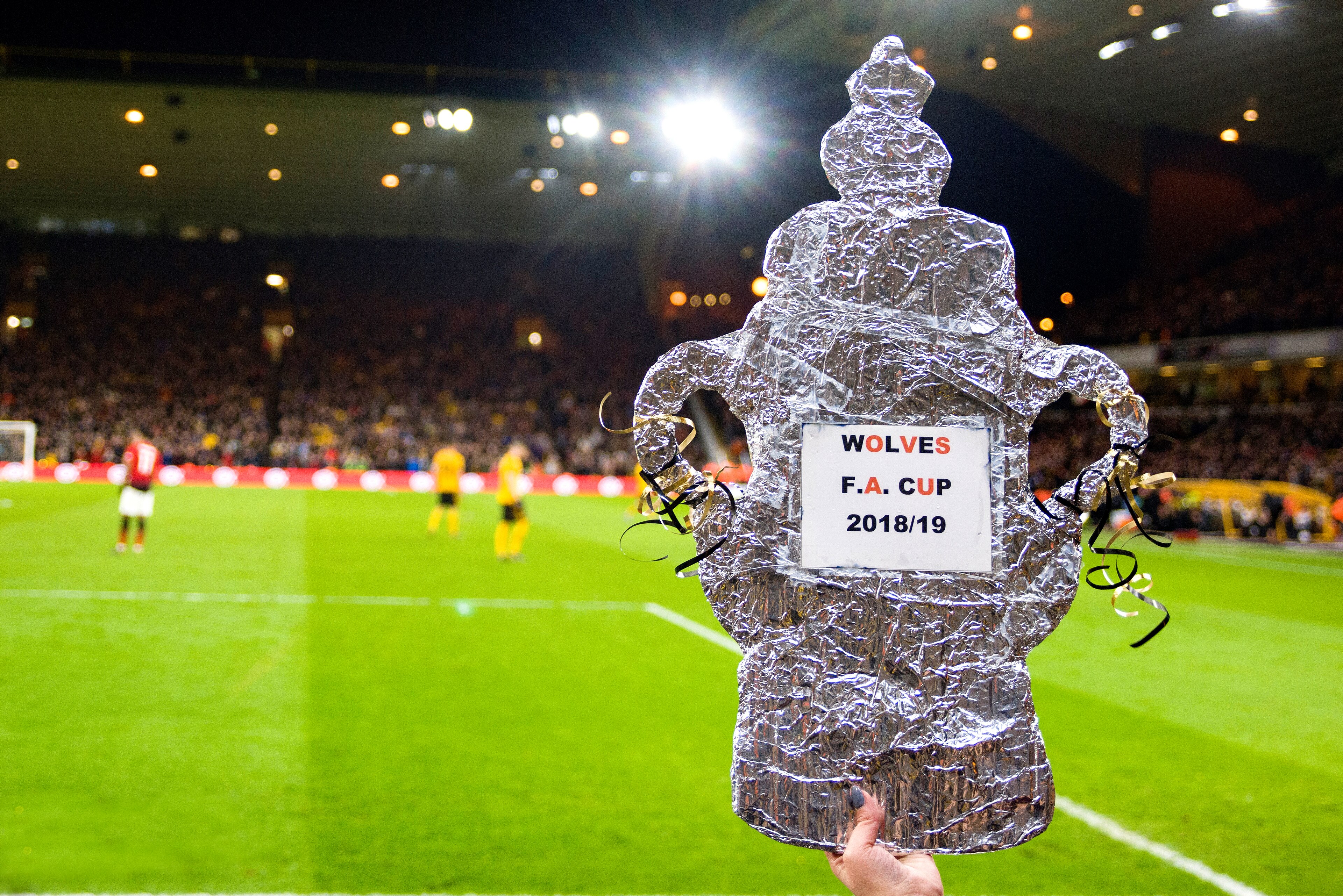 WOLVERHAMPTON, ENGLAND - MARCH 16: A replica FA Cup trophy is seen during the FA Cup Quarter Final match between Wolverhampton Wanderers and Manchester United at Molineux on March 16, 2019 in Wolverhampton, England. (Photo by Wolverhampton Wanderers FC/Ge