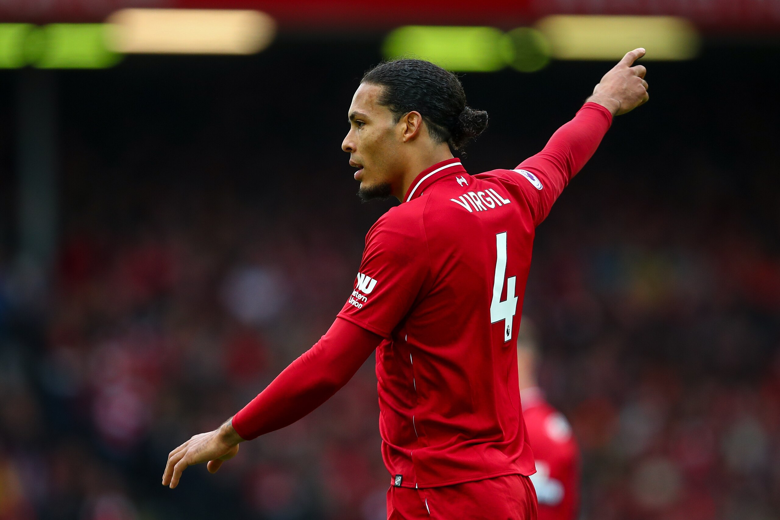 LIVERPOOL, ENGLAND - MARCH 31: Virgil van Dijk of Liverpool during the Premier League match between Liverpool FC and Tottenham Hotspur at Anfield on March 31, 2019 in Liverpool, United Kingdom. (Photo by Robbie Jay Barratt - AMA/Getty Images) LIVERPOOL, ENGLAND - MARCH 31: Virgil van Dijk of Liverpool during the Premier League match between Liverpool FC and Tottenham Hotspur at Anfield on March 31, 2019 in Liverpool, United Kingdom. (Photo by Robbie Jay Barratt - AMA/Getty Images)