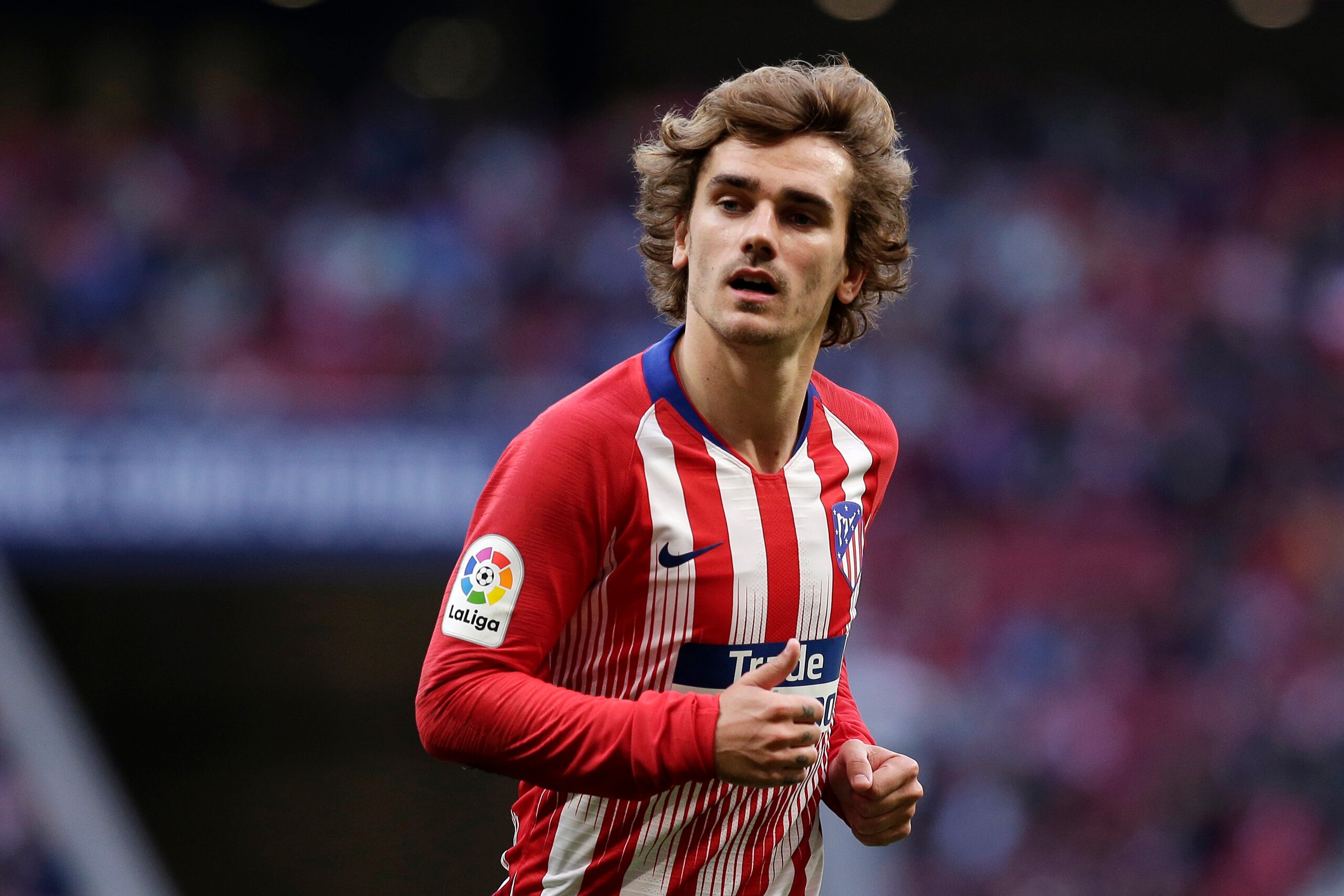 MADRID, SPAIN - APRIL 02: Antoine Griezmann of Atletico Madrid runs on during the La Liga match between  Club Atletico de Madrid and Girona FC at Wanda Metropolitano on April 02, 2019 in Madrid, Spain. (Photo by Gonzalo Arroyo Moreno/Getty Images)