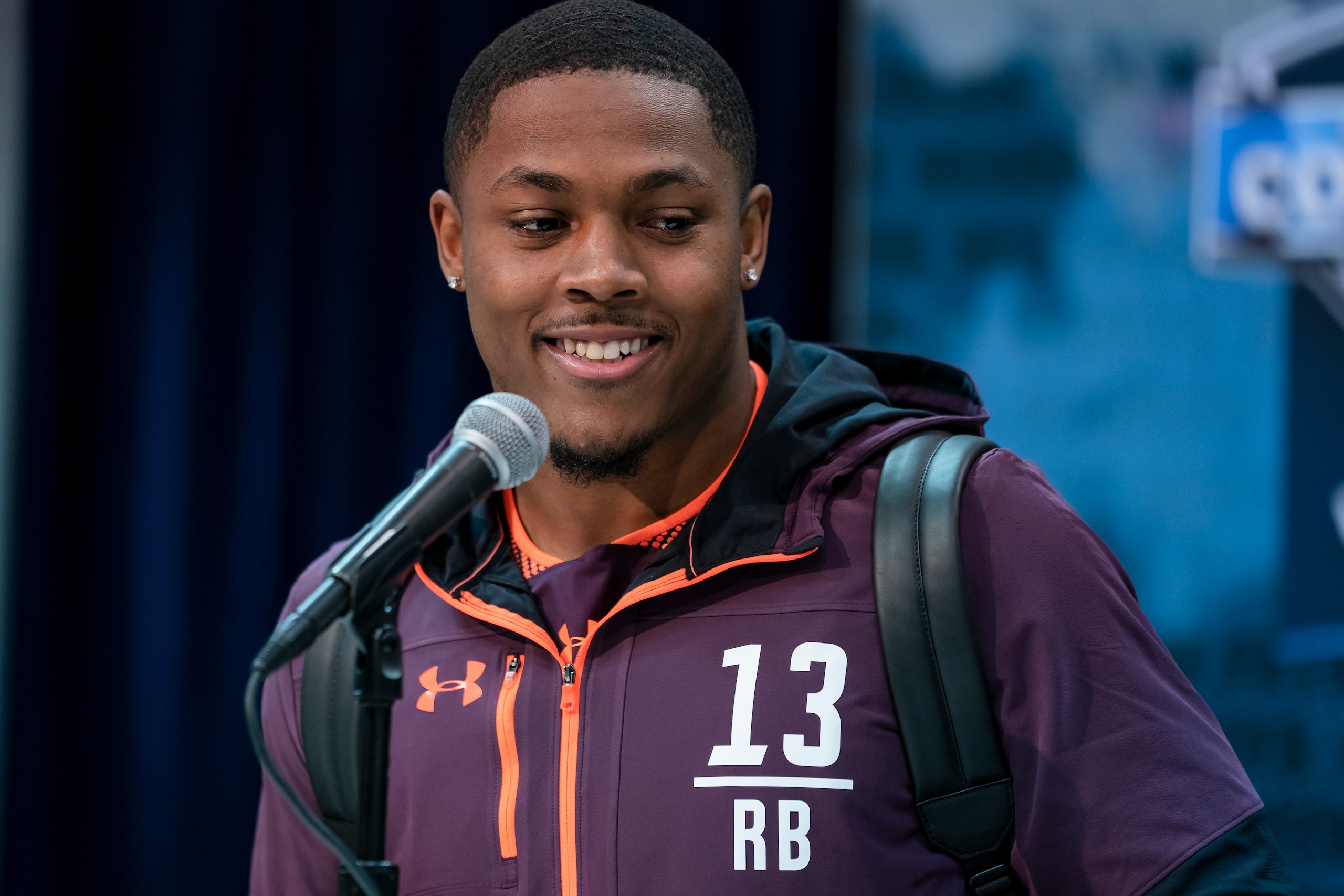 INDIANAPOLIS, IN - FEBRUARY 27: Josh Jacobs #13 of the Alabama Crimson Tide is seen at the 2019 NFL Combine at Lucas Oil Stadium on February 28, 2019 in Indianapolis, Indiana. (Photo by Michael Hickey/Getty Images)