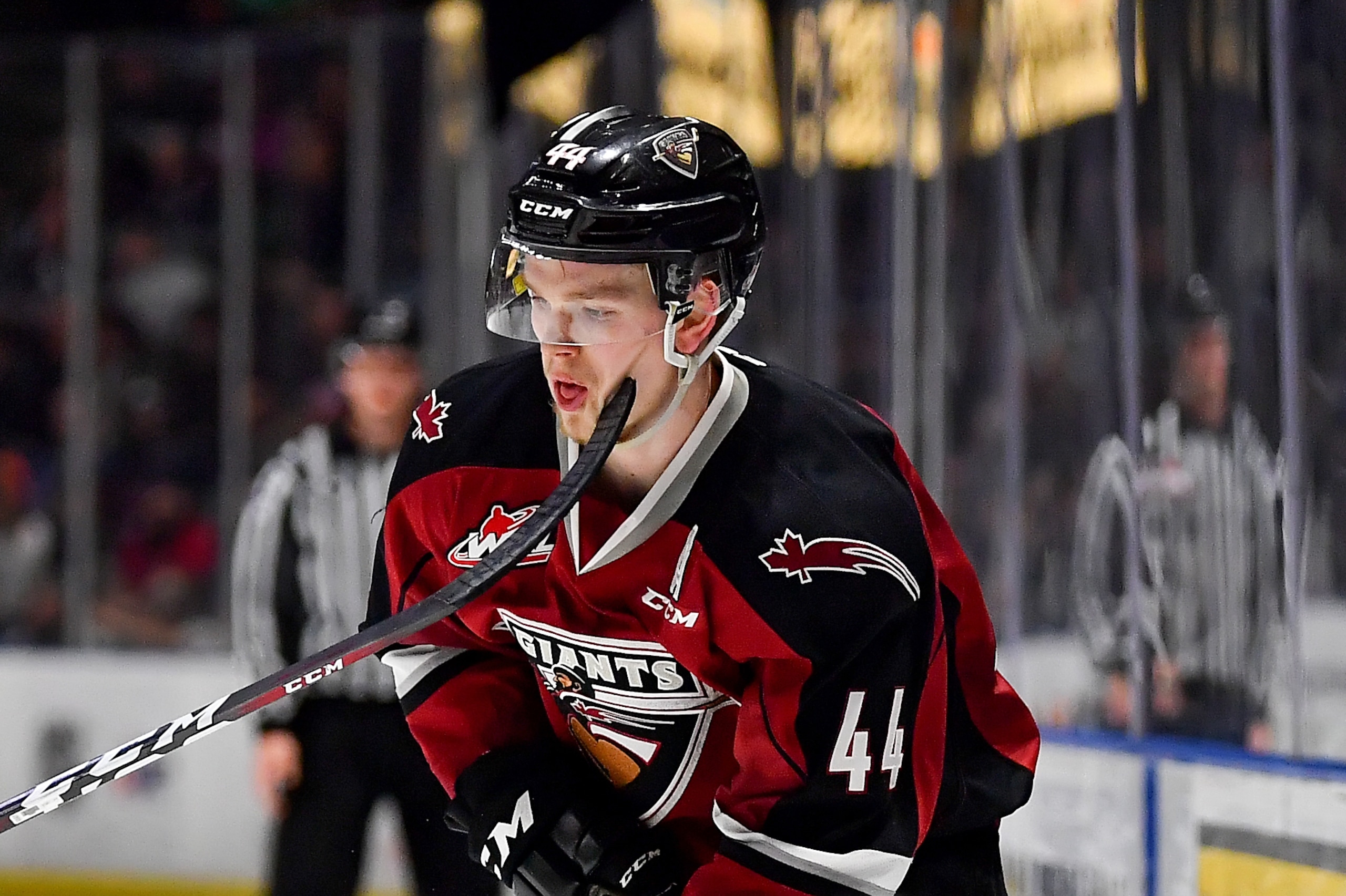 KENT, WASHINGTON - MARCH 30: Bowen Byram #44 of the Vancouver Giants gets a stick to the face during the first period against the Seattle Thunderbirds at the accesso ShoWare Center on March 30, 2019 in Kent, Washington. (Photo by Alika Jenner/Getty Images KENT, WASHINGTON - MARCH 30: Bowen Byram #44 of the Vancouver Giants gets a stick to the face during the first period against the Seattle Thunderbirds at the accesso ShoWare Center on March 30, 2019 in Kent, Washington. (Photo by Alika Jenner/Getty Images
