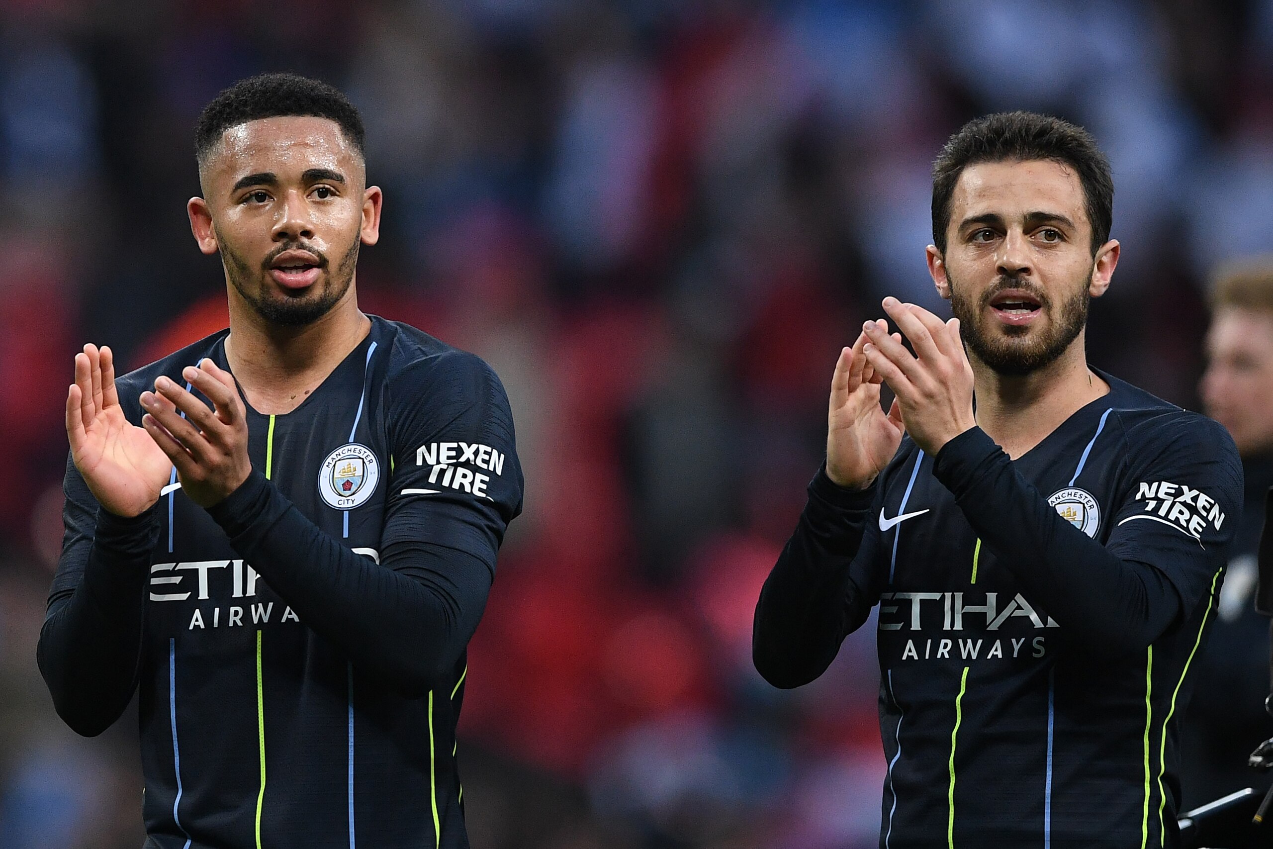 Manchester City's Brazilian striker Gabriel Jesus (L) and Brighton's Brazilian midfielder Bernardo gesture at the final whistle during the English FA Cup semi-final football match between Manchester City and Brighton and Hove Albion at Wembley Stadium in Manchester City's Brazilian striker Gabriel Jesus (L) and Brighton's Brazilian midfielder Bernardo gesture at the final whistle during the English FA Cup semi-final football match between Manchester City and Brighton and Hove Albion at Wembley Stadium in
