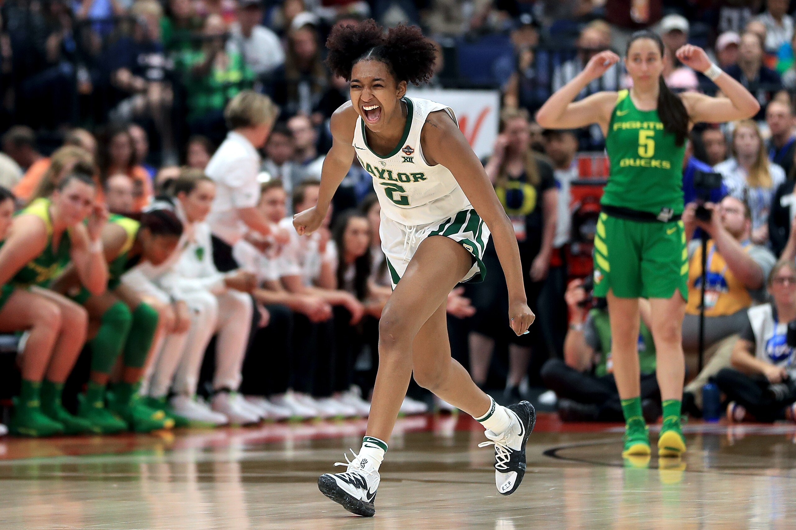 TAMPA, FLORIDA - APRIL 05:  DiDi Richards #2 of the Baylor Lady Bears celebrate her teams 72-67 win over the Oregon Ducks in the semifinals of the 2019 NCAA Women's Final Four at Amalie Arena on April 05, 2019 in Tampa, Florida. (Photo by Mike Ehrmann/Get