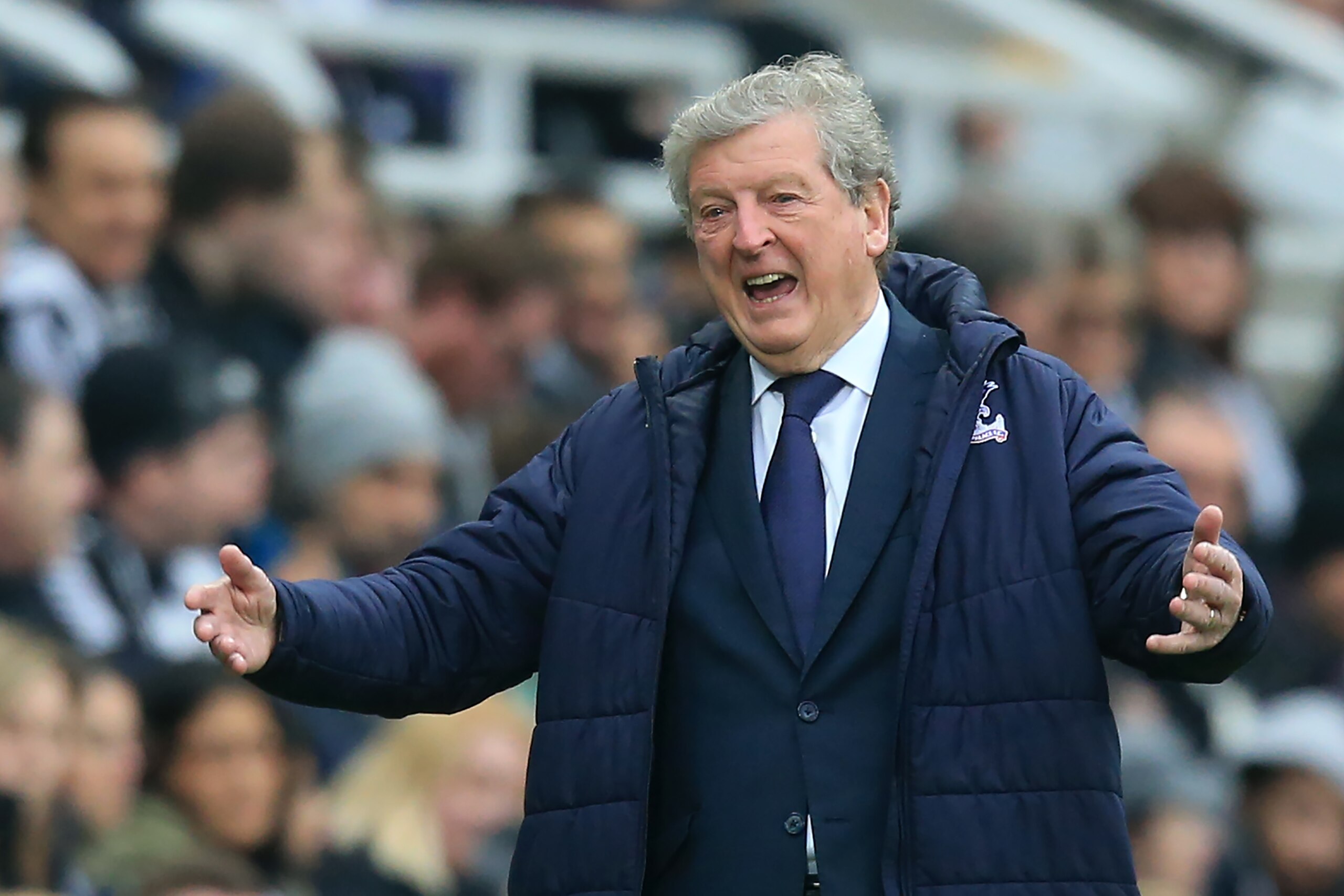 Crystal Palace's English manager Roy Hodgson gestures during the English Premier League football match between Newcastle United and Crystal Palace at St James' Park in Newcastle-upon-Tyne, north east England on April 6, 2019. (Photo by Lindsey PARNABY / A
