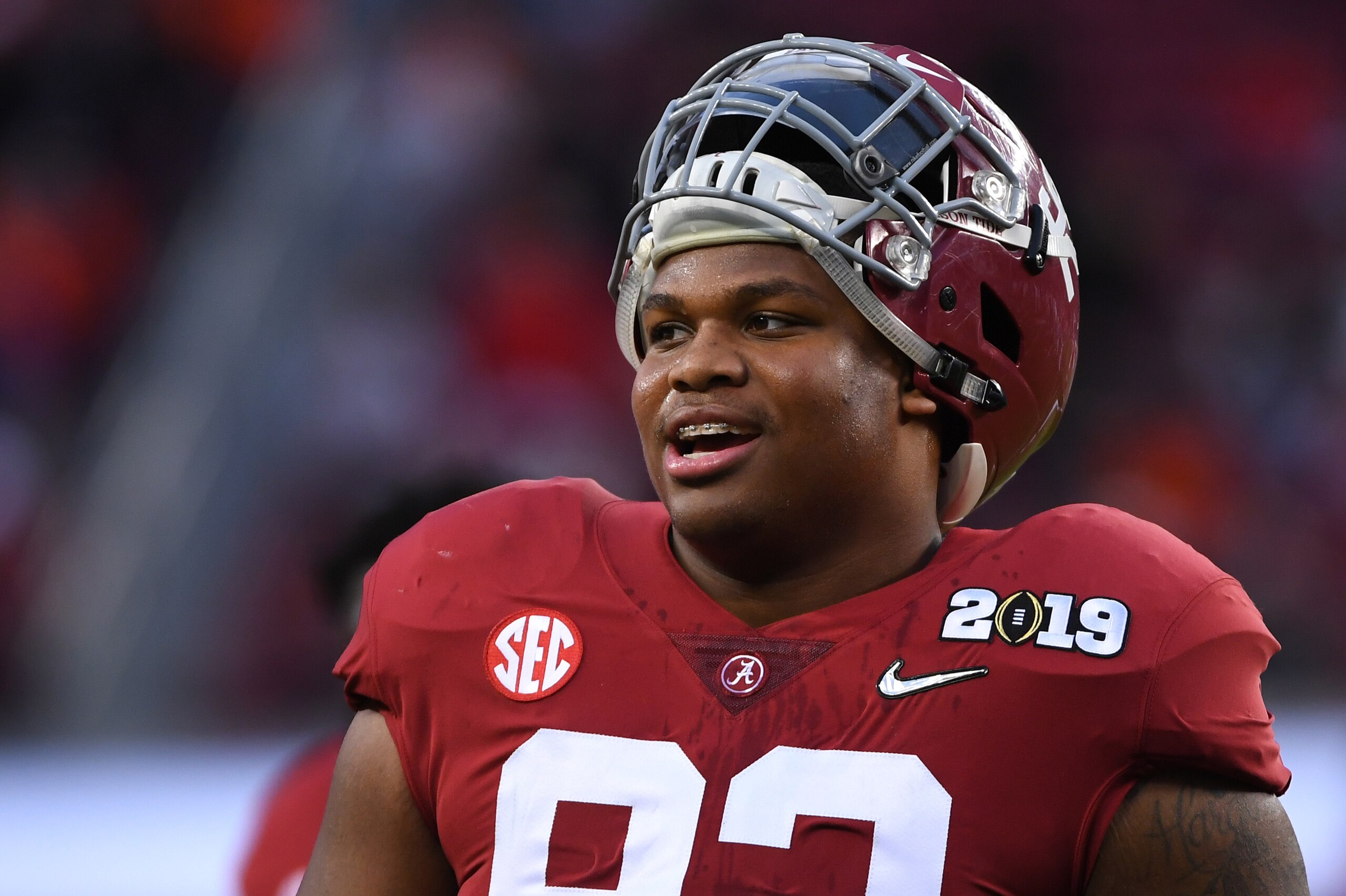 SANTA CLARA, CA - JANUARY 07: Quinnen Williams #92 of the Alabama Crimson Tide smiles before taking on the Clemson Tigers during the College Football Playoff National Championship held at Levi's Stadium on January 7, 2019 in Santa Clara, California. (Phot SANTA CLARA, CA - JANUARY 07: Quinnen Williams #92 of the Alabama Crimson Tide smiles before taking on the Clemson Tigers during the College Football Playoff National Championship held at Levi's Stadium on January 7, 2019 in Santa Clara, California. (Phot