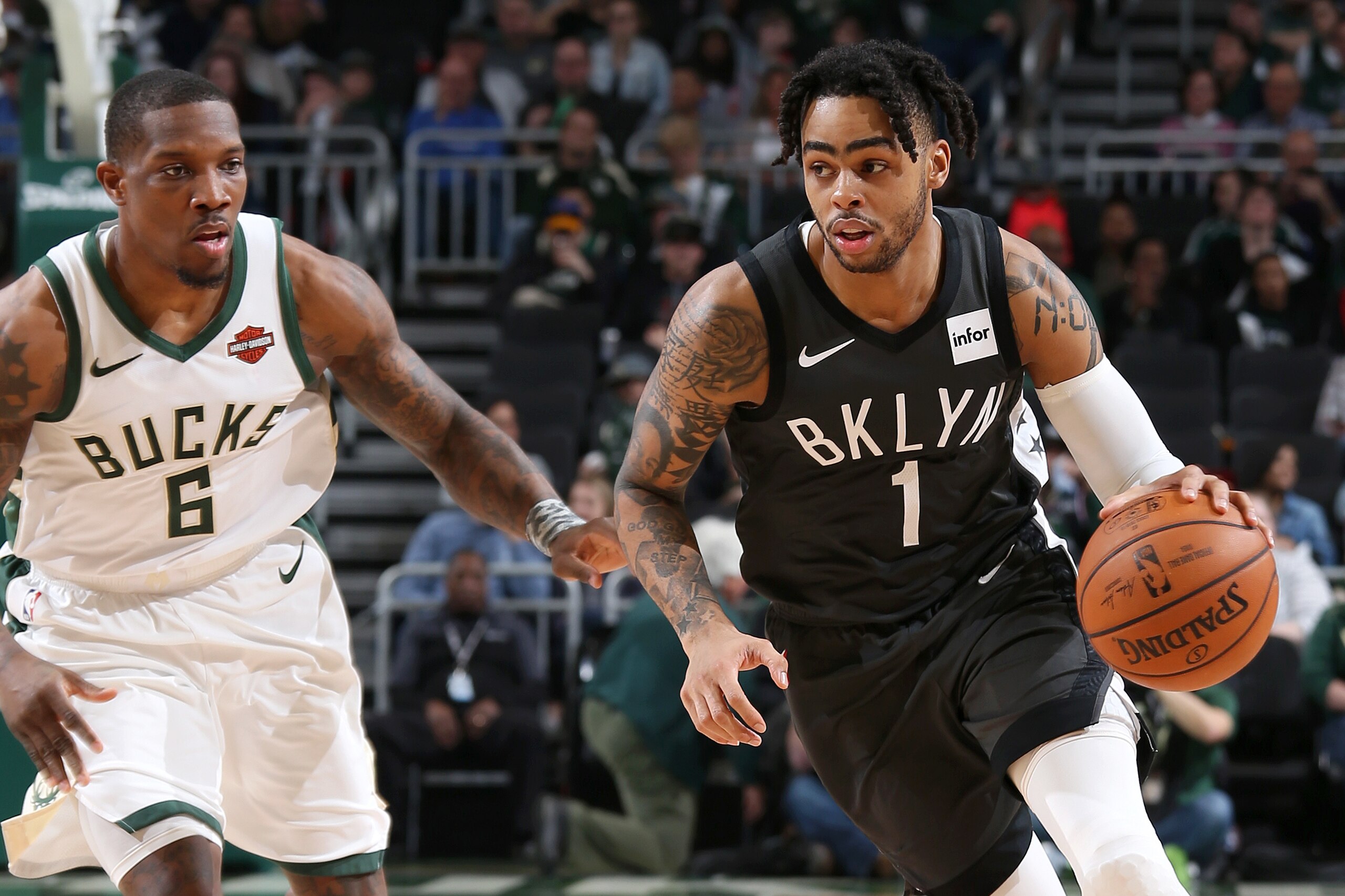 MILWAUKEE, WI - APRIL 6: D'Angelo Russell #1 of the Brooklyn Nets handles the ball against the Milwaukee Bucks on April 6, 2019 at the Fiserv Forum Center in Milwaukee, Wisconsin. NOTE TO USER: User expressly acknowledges and agrees that, by downloading a