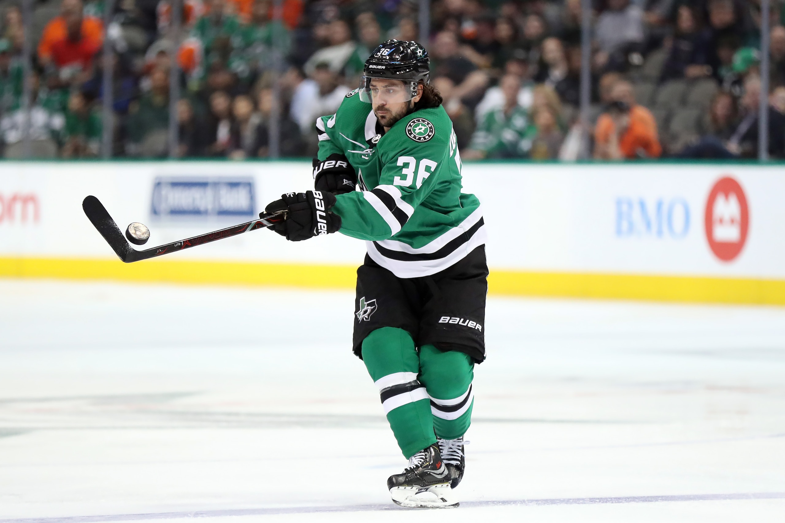 DALLAS, TEXAS - APRIL 02:   Mats Zuccarello #36 of the Dallas Stars in the third period at American Airlines Center on April 02, 2019 in Dallas, Texas. (Photo by Ronald Martinez/Getty Images)