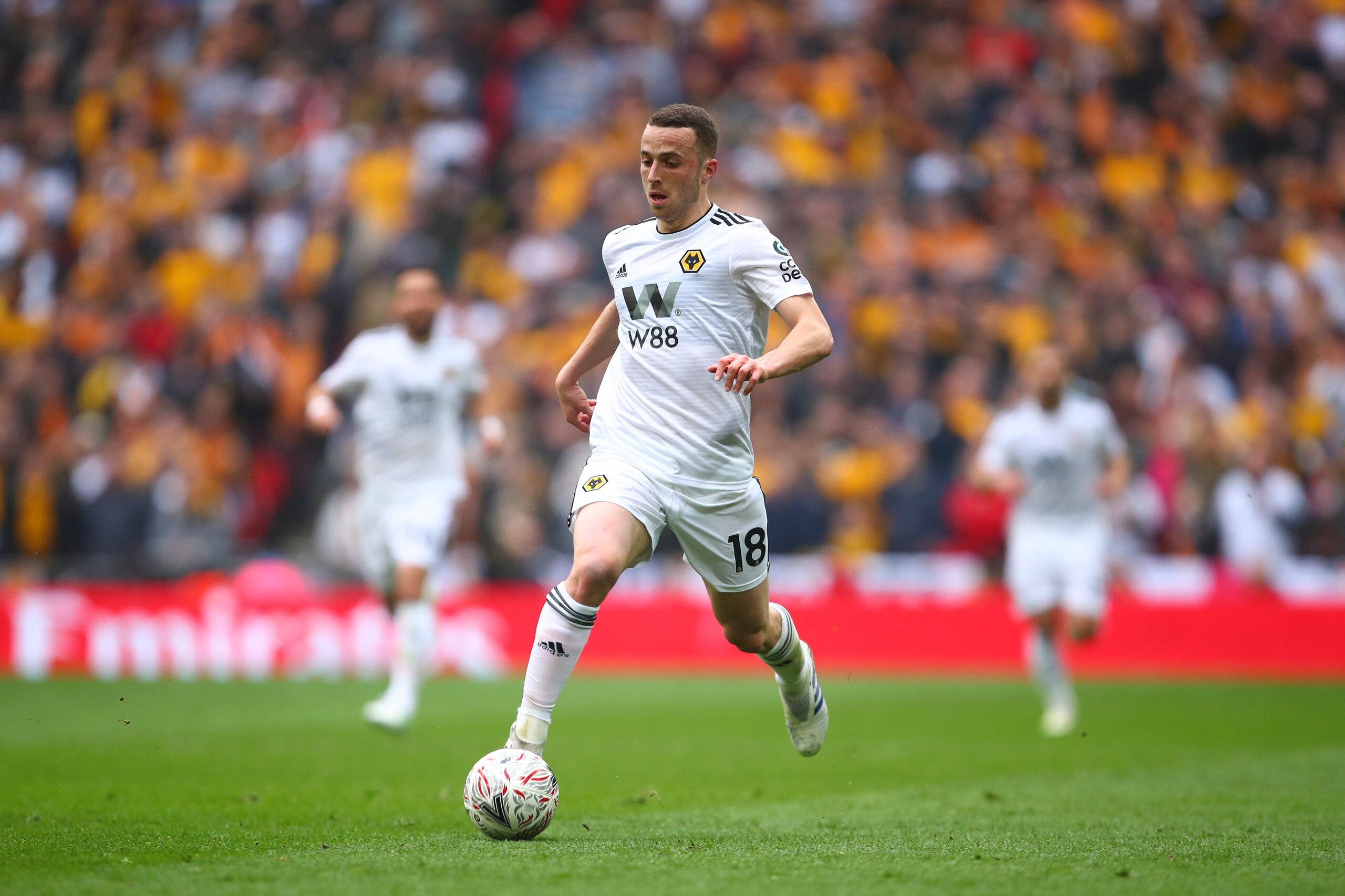 LONDON, ENGLAND - APRIL 07: Diogo Jota of Wolverhampton Wanderers during the FA Cup Semi Final match between Watford and Wolverhampton Wanderers at Wembley Stadium on April 7, 2019 in London, England. (Photo by Robbie Jay Barratt - AMA/Getty Images)