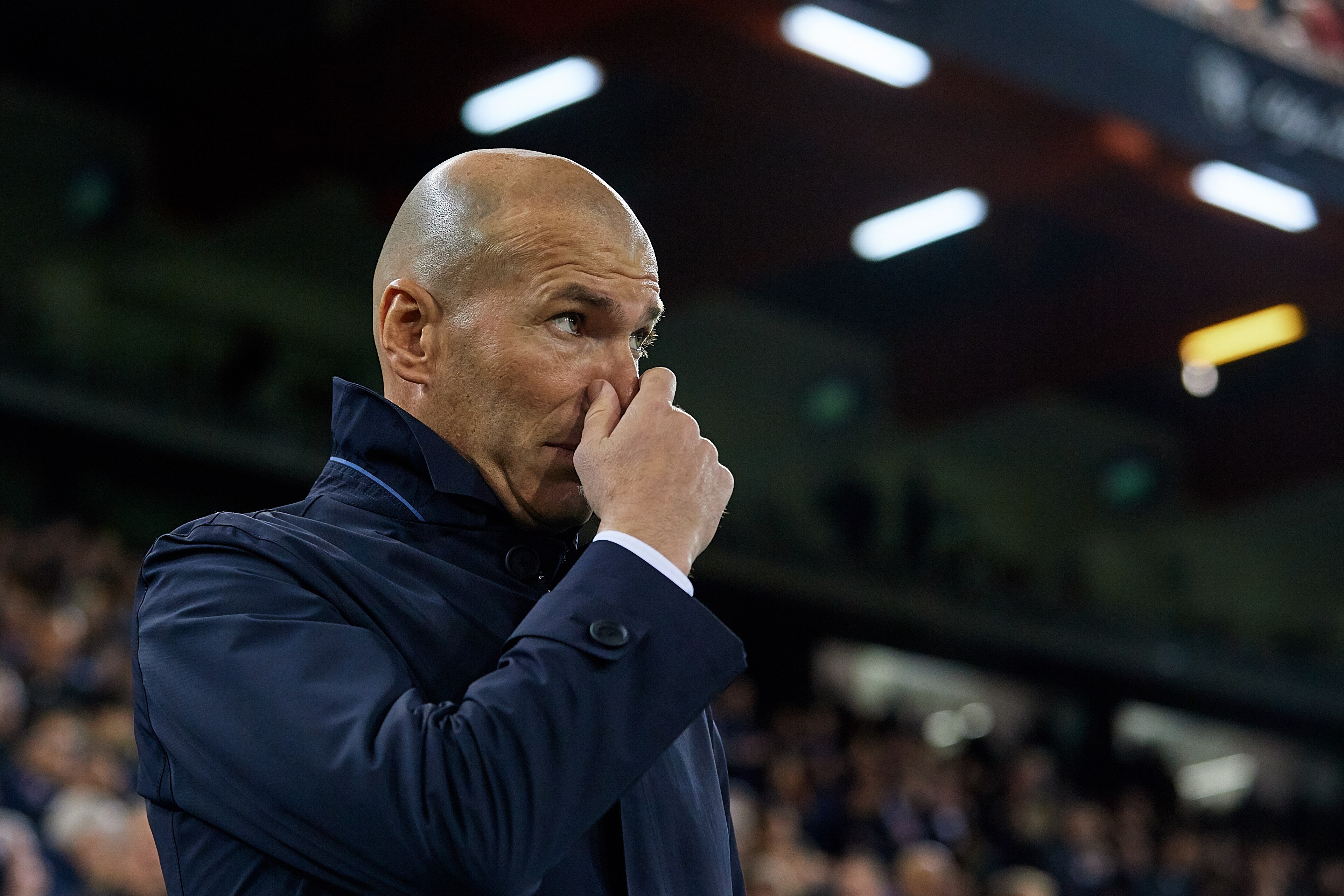 VALENCIA, SPAIN - APRIL 03: Zinedine Zidane head coach of Real Madrid CF looks on prior to the La Liga match between Valencia CF and Real Madrid CF at Estadio Mestalla on April 3, 2019 in Valencia, Spain. (Photo by David Aliaga/MB Media/Getty Images)