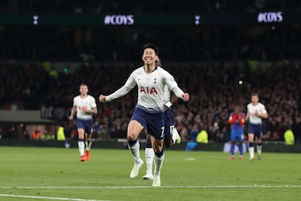 LONDON, ENGLAND - APRIL 03: Son Heung-min of Tottenham celebrates after scoring a goal to make it 1-0 during the Premier League match between Tottenham Hotspur and Crystal Palace at Tottenham Hotspur Stadium on April 3, 2019 in London, United Kingdom. (Ph