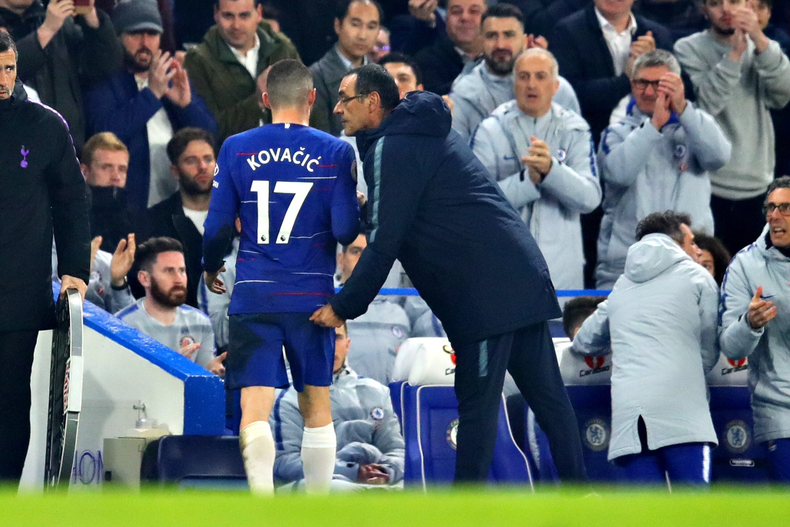 LONDON, ENGLAND - FEBRUARY 27: Chelsea manager Maurizio Sarri greets Mateo Kovacic of Chelsea after he was substituted during the Premier League match between Chelsea FC and Tottenham Hotspur at Stamford Bridge on February 27, 2019 in London, United Kingd