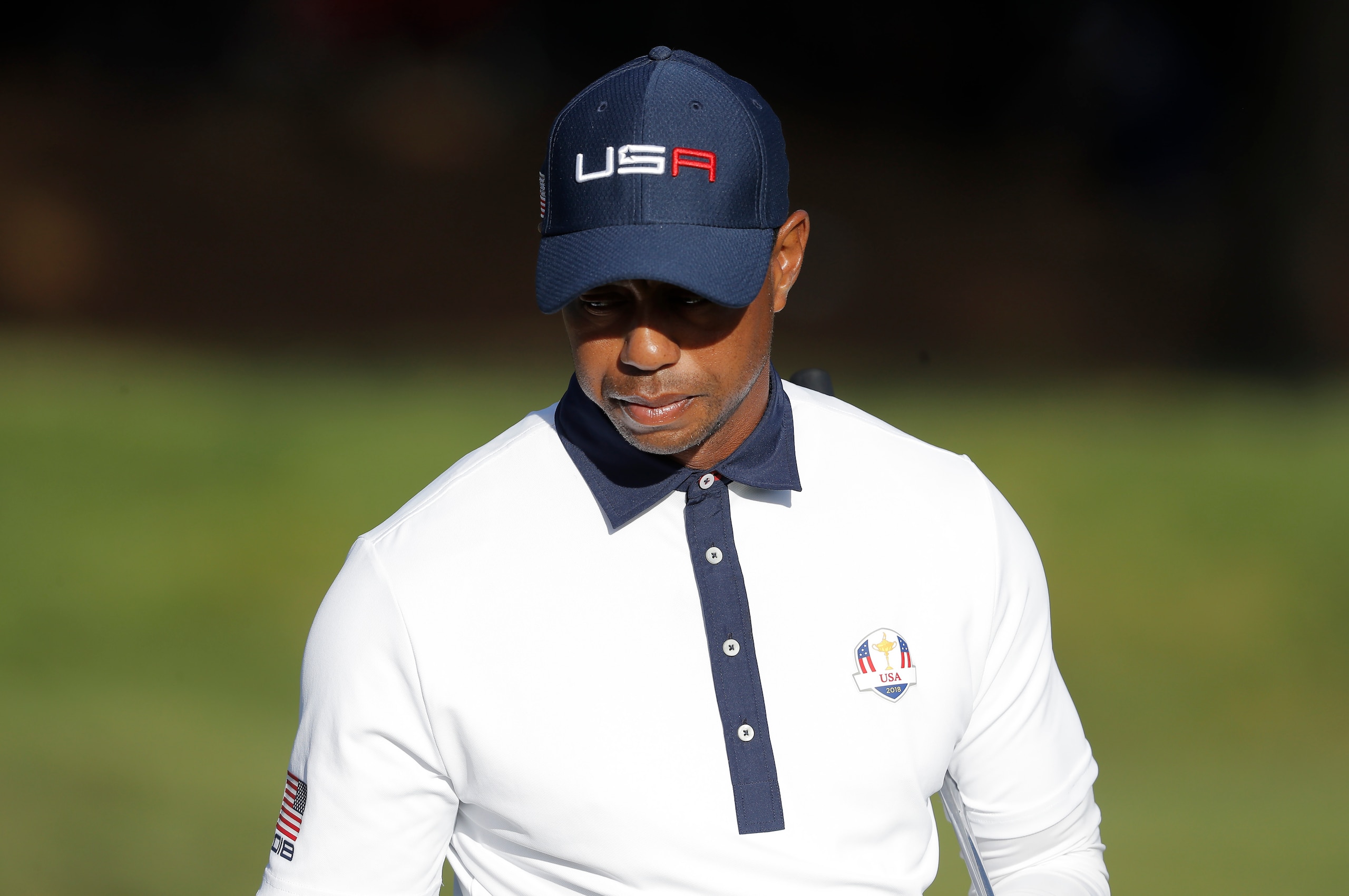 Tiger Woods of USA looks dejected in his afternoon foursomes match with Bryson DeChambeau versus Tommy Fleetwood and Francesco Molinari of Europe during day two of the 2018 Ryder Cup at Le Golf National near Versailles on September 29th 2018 in France (Ph