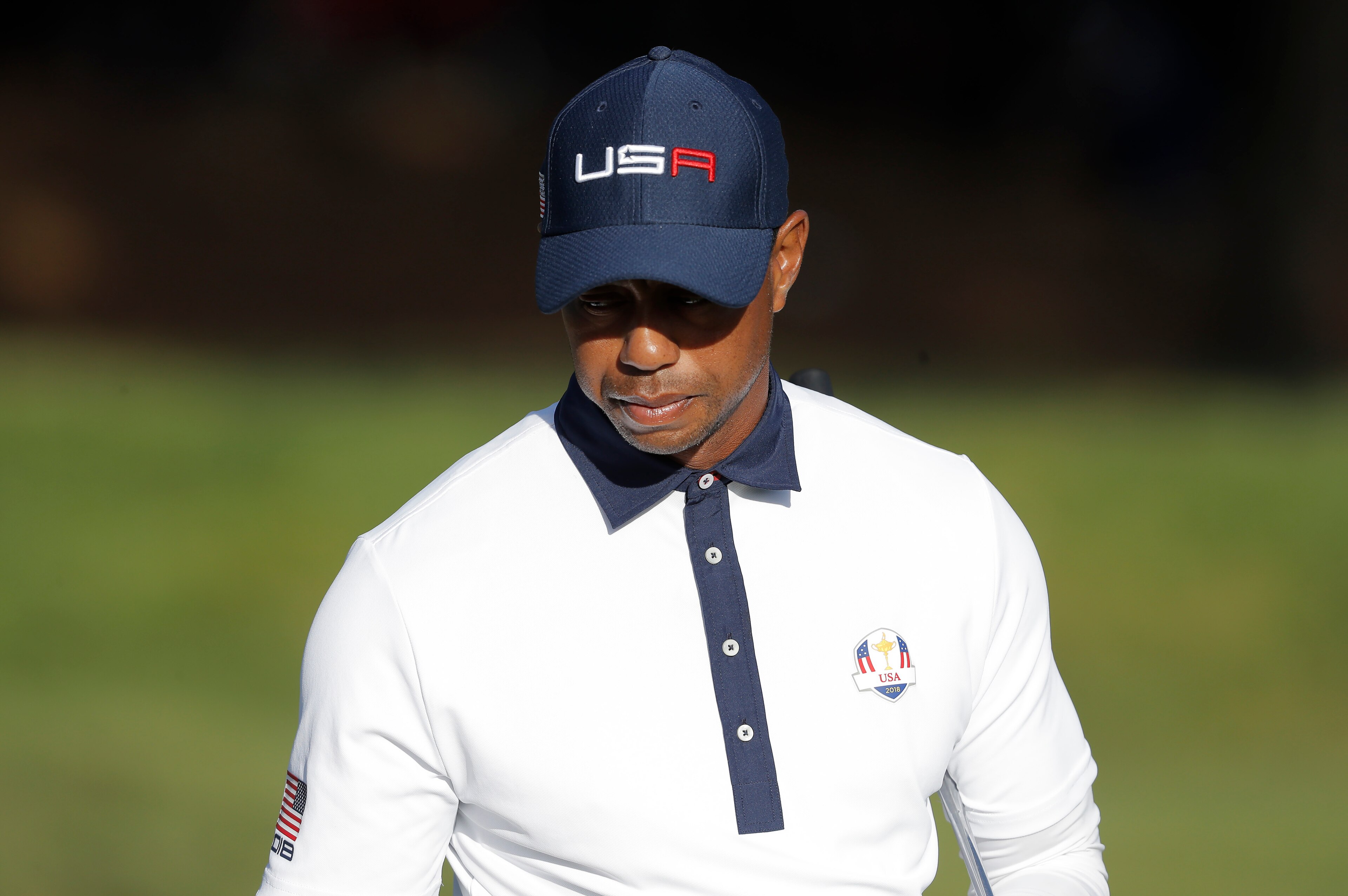 Tiger Woods of USA looks dejected in his afternoon foursomes match with Bryson DeChambeau versus Tommy Fleetwood and Francesco Molinari of Europe during day two of the 2018 Ryder Cup at Le Golf National near Versailles on September 29th 2018 in France (Ph
