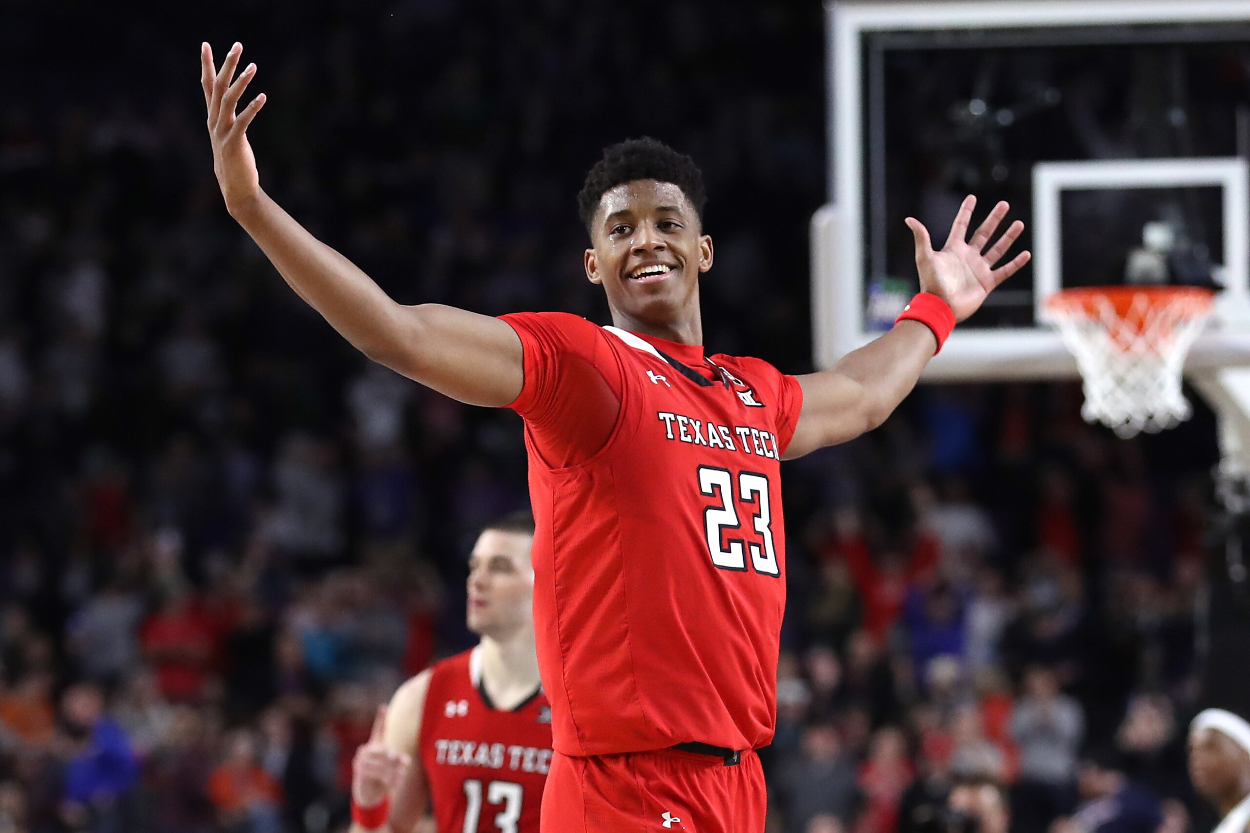 MINNEAPOLIS, MINNESOTA - APRIL 06: Jarrett Culver #23 of the Texas Tech Red Raiders celebrates late in the second half against the Michigan State Spartans during the 2019 NCAA Final Four semifinal at U.S. Bank Stadium on April 6, 2019 in Minneapolis, Minn