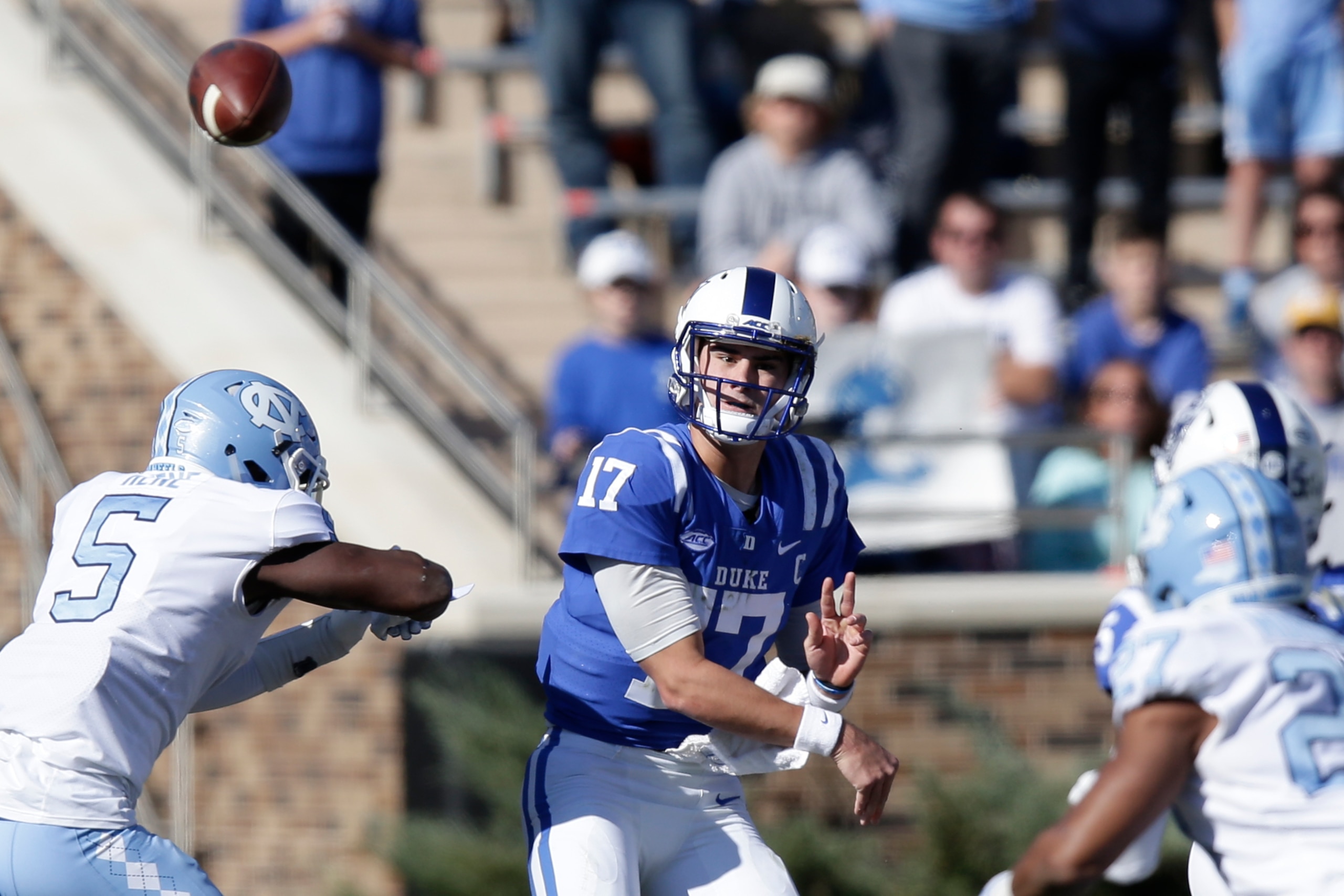 In three years of play at Duke, Daniel Jones threw for 8,201 yards while completing almost 60 percent of his passes. In three years of play at Duke, Daniel Jones threw for 8,201 yards while completing almost 60 percent of his passes.
