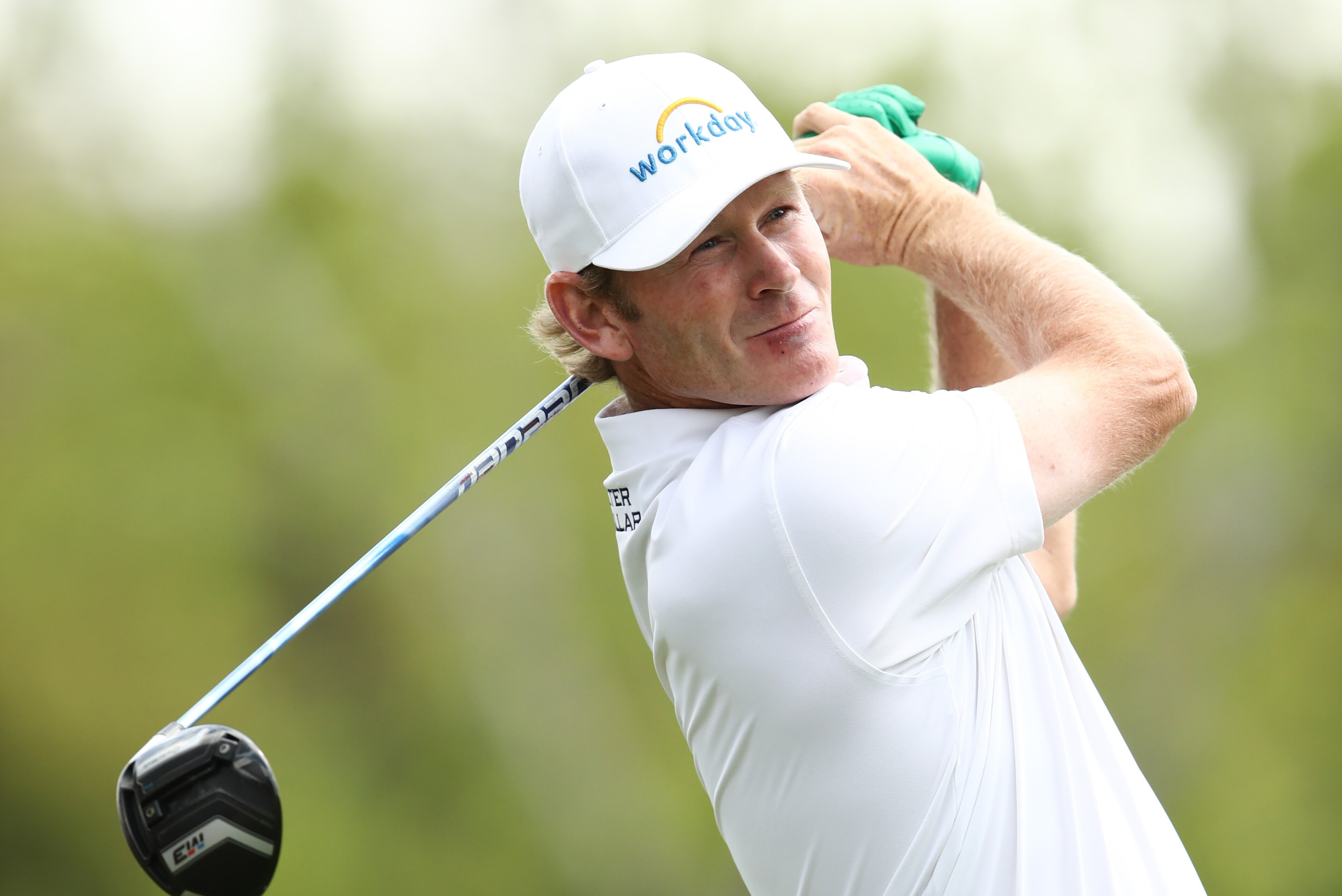 AUSTIN, TEXAS - MARCH 28: Brandt Snedeker of the United States plays his shot from the third tee in his match against Tiger Woods of the United States during the second round of the World Golf Championships-Dell Technologies Match Play at Austin Country C