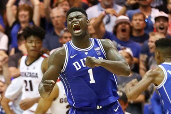 LAHAINA, HI - NOVEMBER 21: Zion Williamson #1 of the Duke Blue Devils clinches his fist and lets out a yell after funking the ball during the second half of the game against the Gonzaga Bulldogs at the Lahaina Civic Center on November 21, 2018 in Lahaina,