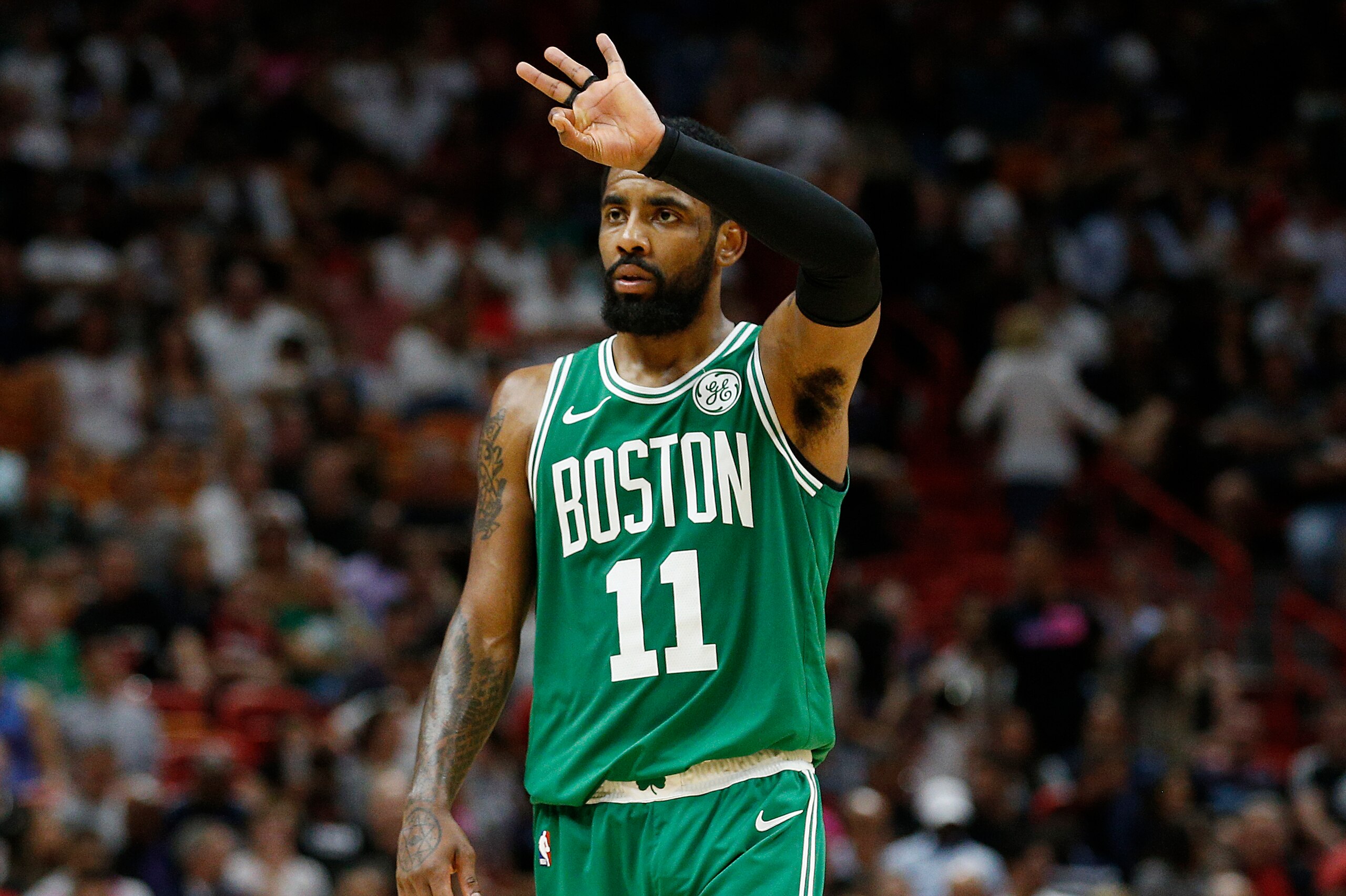 MIAMI, FLORIDA - APRIL 03:  Kyrie Irving #11 of the Boston Celtics in action against the Miami Heat at American Airlines Arena on April 03, 2019 in Miami, Florida. NOTE TO USER: User expressly acknowledges and agrees that, by downloading and or using this